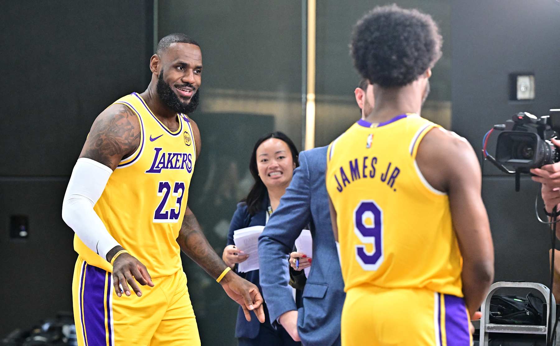 Los Angeles Lakers #23 LeBron James and his son #9 Bronny James attend the Lakers media day at UCLA Health Training Center in El Segundo, California, September 30, 2024. (Photo by Frederic J. BROWN / AFP) (Photo by FREDERIC J. BROWN/AFP via Getty Images)