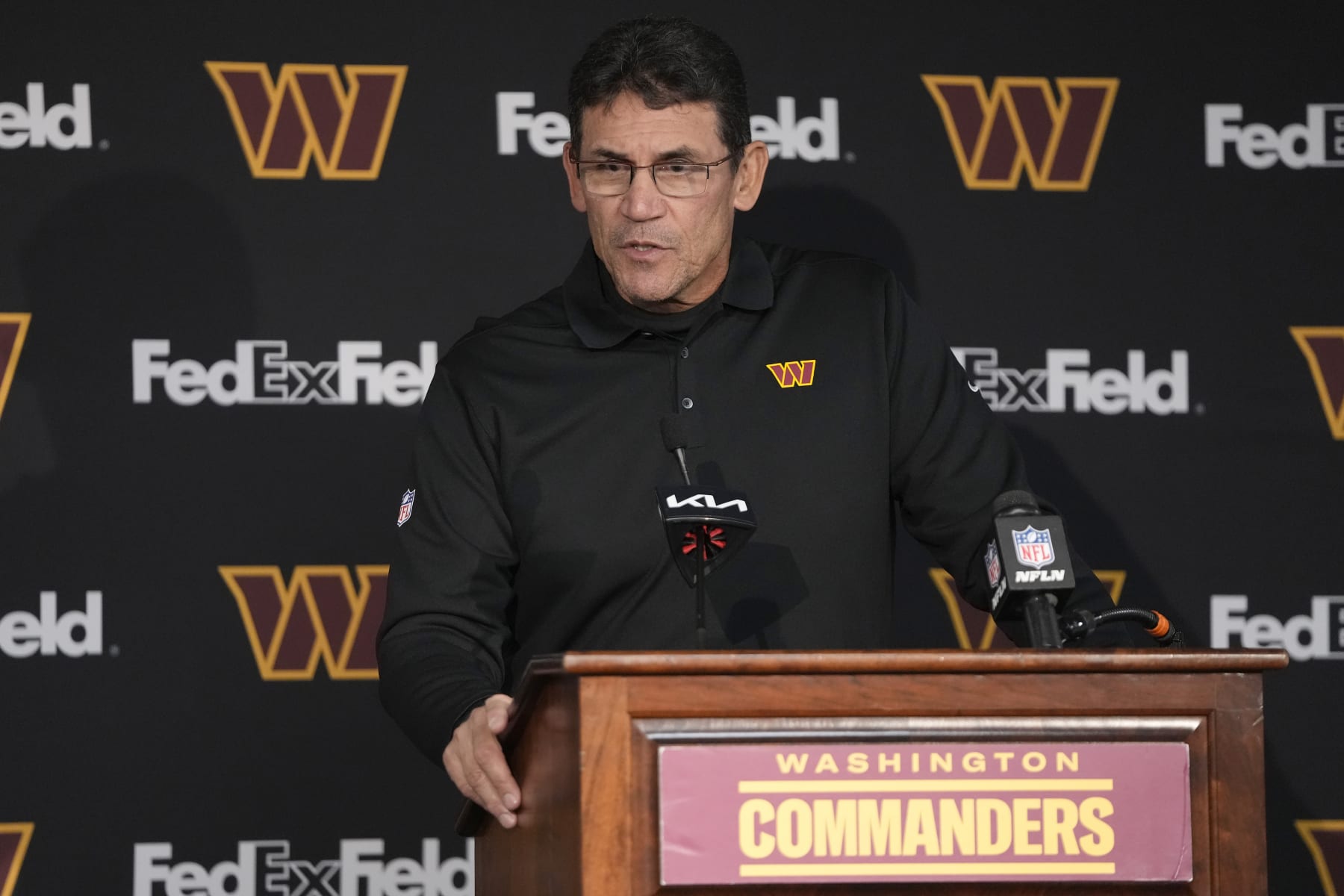 Washington Commanders head coach Ron Rivera speaks to reporters after an NFL football game against the Miami Dolphins Sunday, Dec. 3, 2023, in Landover, Md. (AP Photo/Mark Schiefelbein)