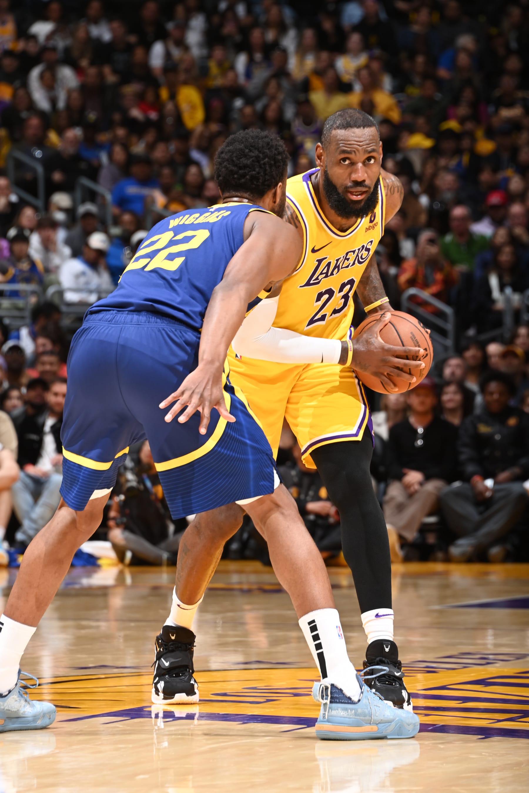 LOS ANGELES, CA - APRIL 9: LeBron James #23 of the Los Angeles Lakers handles the ball during the game against the Golden State Warriors on April 9, 2024 at Crypto.Com Arena in Los Angeles, California. NOTE TO USER: User expressly acknowledges and agrees that, by downloading and/or using this Photograph, user is consenting to the terms and conditions of the Getty Images License Agreement. Mandatory Copyright Notice: Copyright 2024 NBAE (Photo by Andrew D. Bernstein/NBAE via Getty Images)