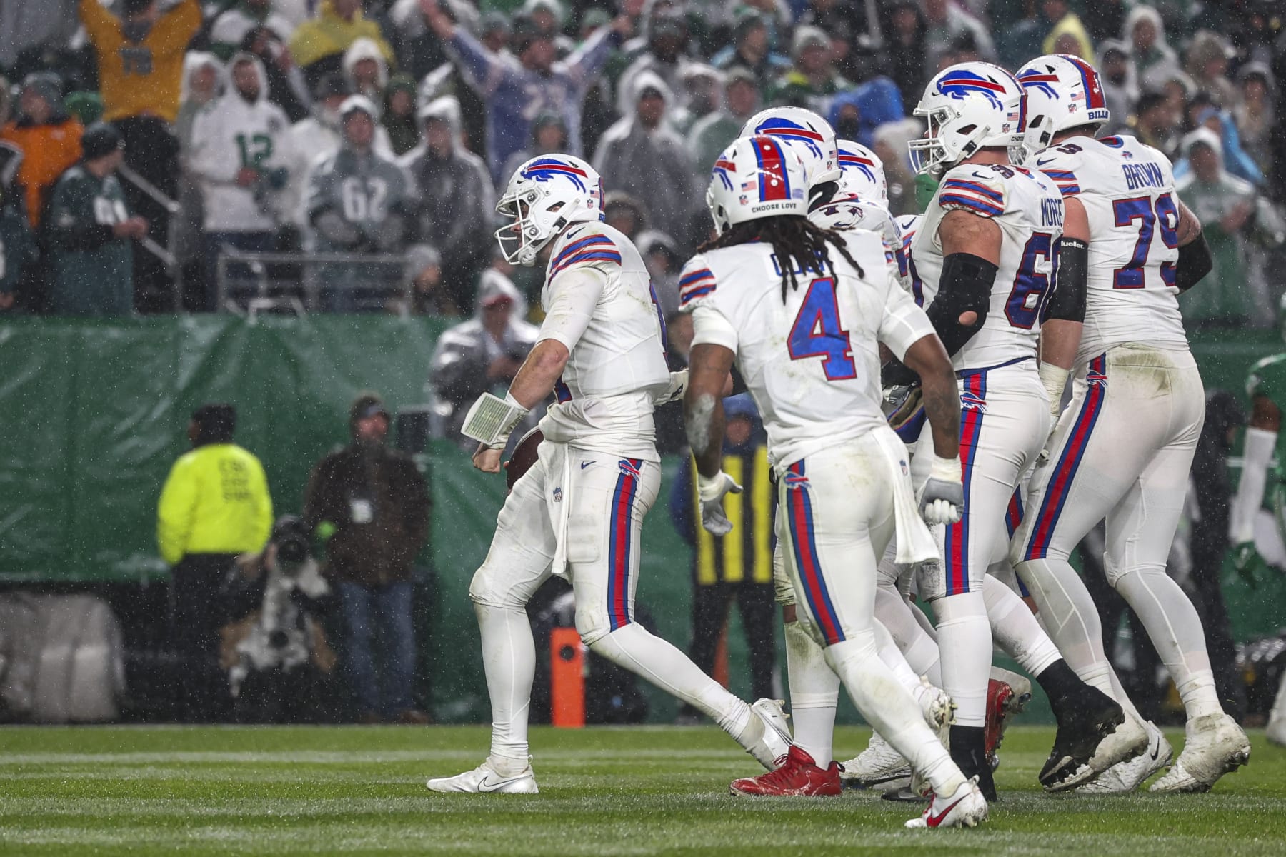 PHILADELPHIA, PA - NOVEMBER 26: Josh Allen #17 of the Buffalo Bills celebrates during an NFL football game against the Philadelphia Eagles at Lincoln Financial Field on November 26, 2023 in Philadelphia, Pennsylvania. (Photo by Perry Knotts/Getty Images)