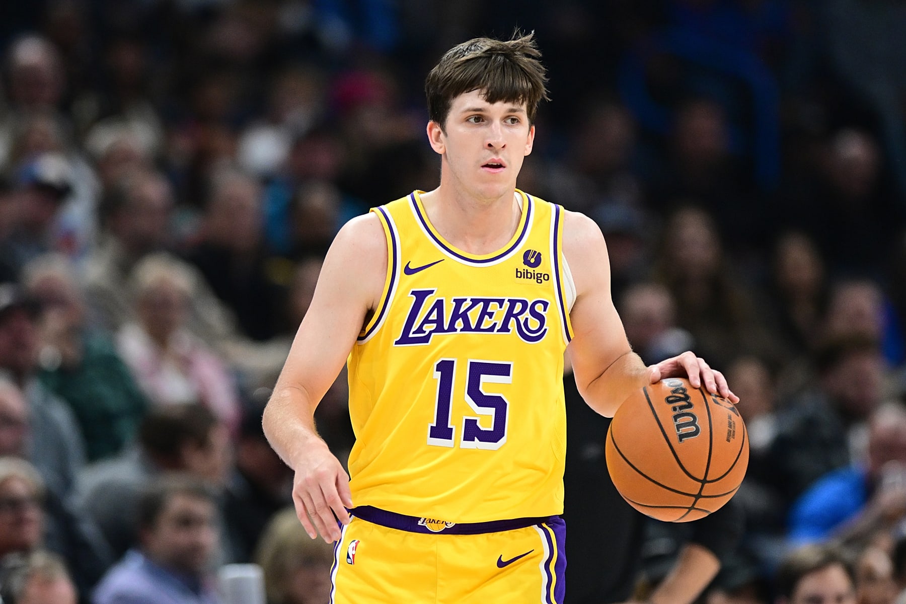 OKLAHOMA CITY, OKLAHOMA - NOVEMBER 30: Austin Reaves #15 of the Los Angeles Lakers brings the ball down the floor during the first half against the Oklahoma City Thunder at Paycom Center on November 30, 2023 in Oklahoma City, Oklahoma. NOTE TO USER: User expressly acknowledges and agrees that, by downloading and or using this Photograph, user is consenting to the terms and conditions of the Getty Images License Agreement. (Photo by Joshua Gateley/Getty Images)