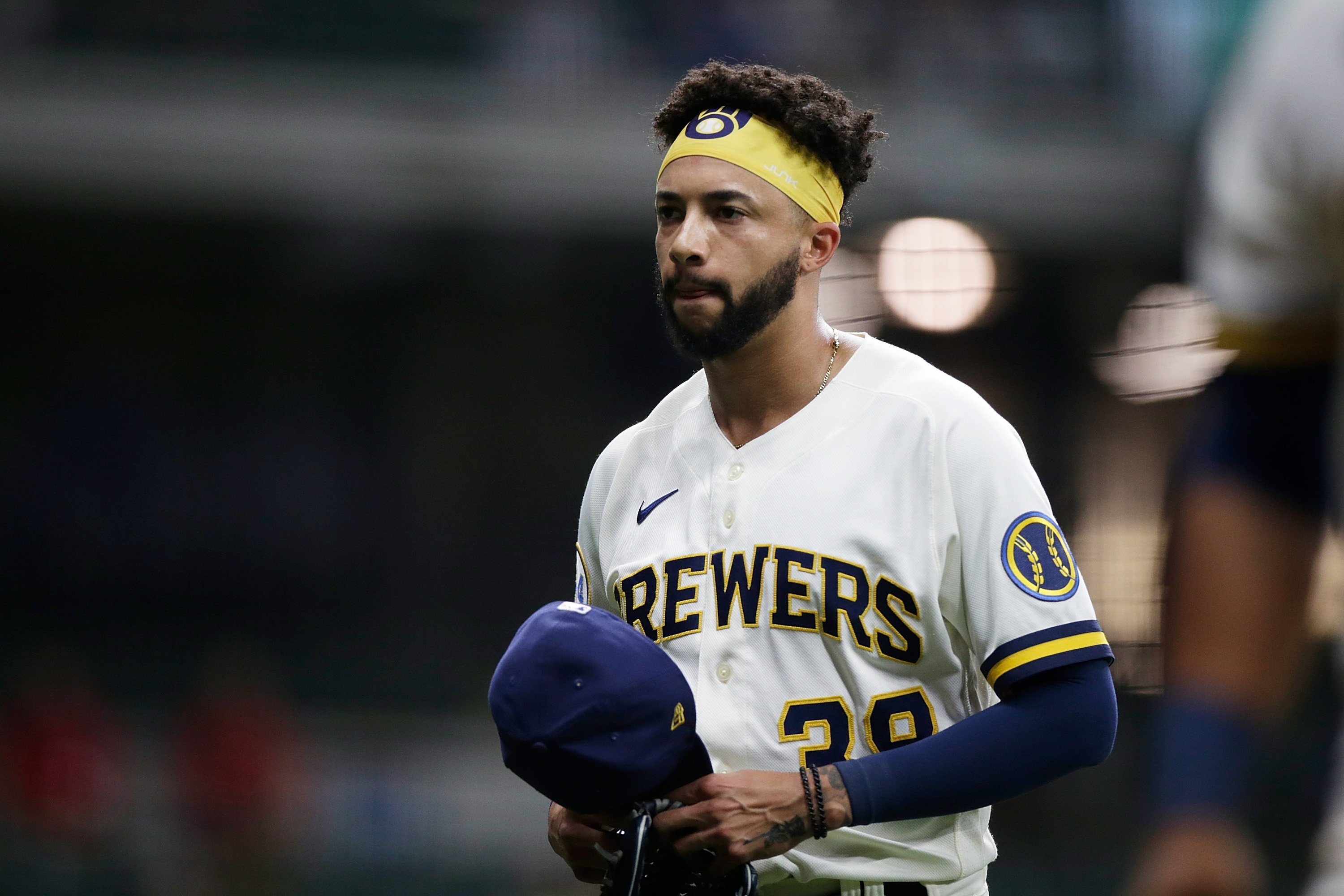 MILWAUKEE, WISCONSIN - AUGUST 03: Devin Williams #38 of the Milwaukee Brewers walks toward the dugout against the Pittsburgh Pirates at American Family Field on August 03, 2021 in Milwaukee, Wisconsin. Pirates defeated the Brewers 8-5. (Photo by John Fisher/Getty Images)