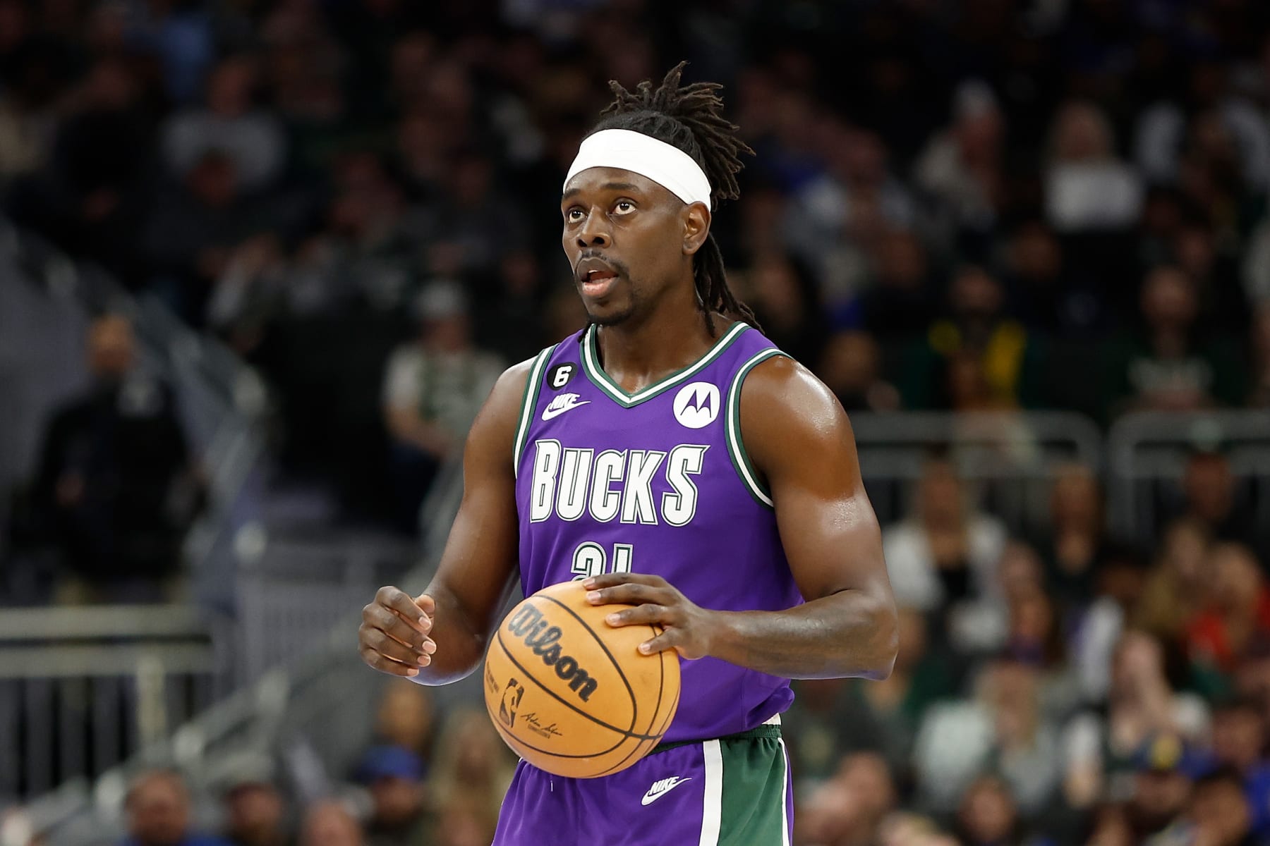MILWAUKEE, WISCONSIN - MARCH 16: Jrue Holiday #21 of the Milwaukee Bucks dribbles up court during the first half of the game against the Indiana Pacers at Fiserv Forum on March 16, 2023 in Milwaukee, Wisconsin. NOTE TO USER: User expressly acknowledges and agrees that, by downloading and or using this photograph, User is consenting to the terms and conditions of the Getty Images License Agreement. (Photo by John Fisher/Getty Images)