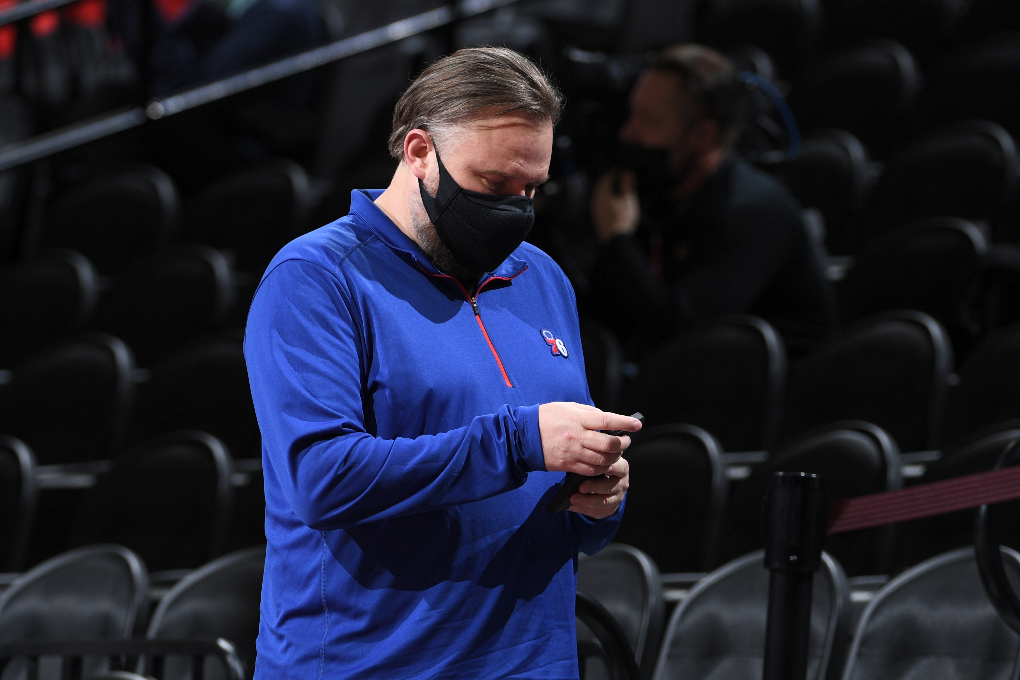 PHILADELPHIA, PA - MARCH 1: President of Basketball Operations Daryl Morey of the Philadelphia 76ers looks on during the game against the Indiana Pacers on March 1, 2021 at the Wells Fargo Center in Philadelphia, Pennsylvania NOTE TO USER: User expressly acknowledges and agrees that, by downloading and/or using this Photograph, user is consenting to the terms and conditions of the Getty Images License Agreement. Mandatory Copyright Notice: Copyright 2021 NBAE (Photo by Garrett Ellwood/NBAE via Getty Images)