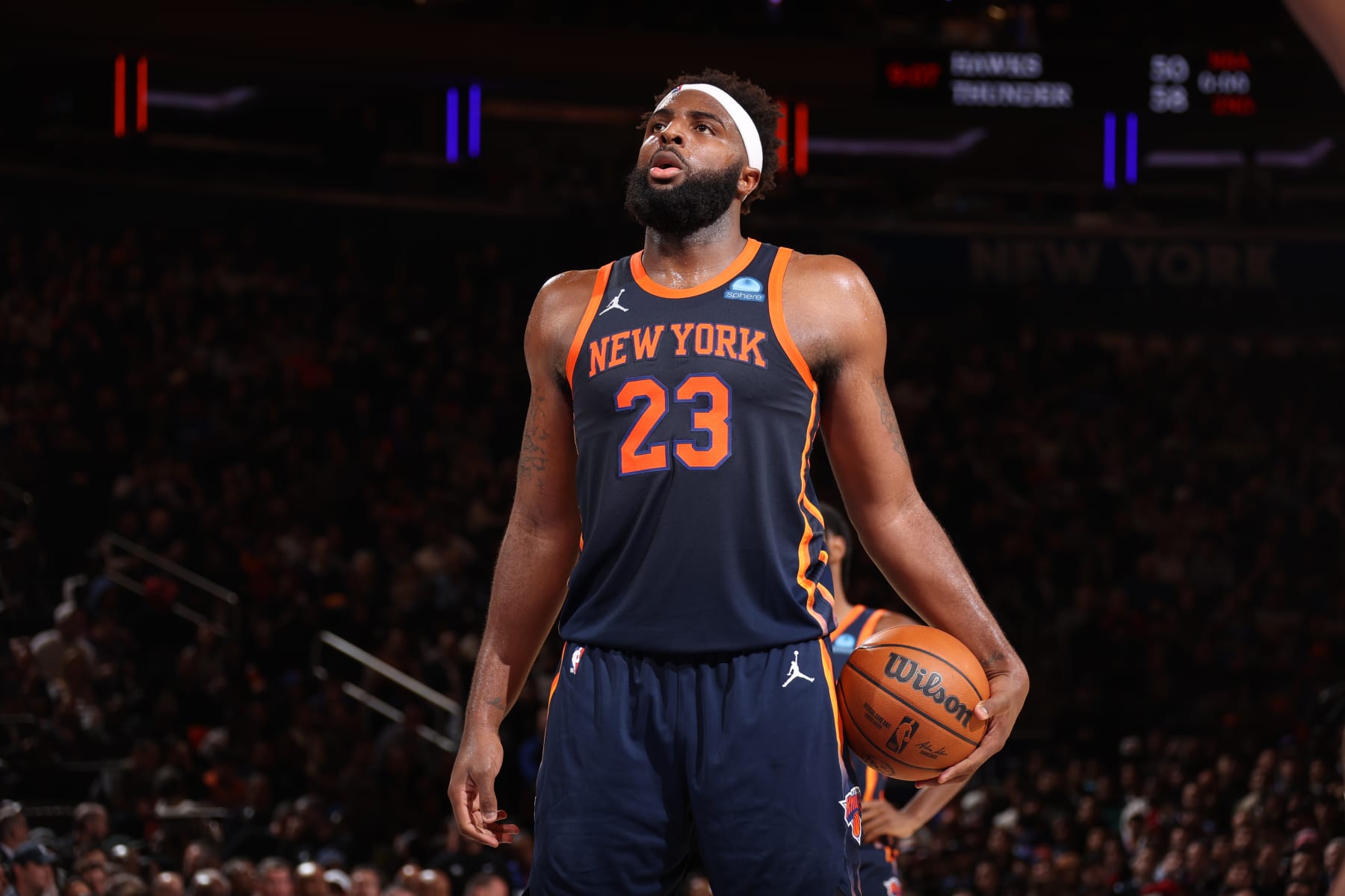 NEW YORK, NY - NOVEMBER 6: Mitchell Robinson #23 of the New York Knicks looks on during the game against the LA Clippers on November 6, 2023 at Madison Square Garden in New York, NY. NOTE TO USER: User expressly acknowledges and agrees that, by downloading and or using this Photograph, user is consenting to the terms and conditions of the Getty Images License Agreement. Mandatory Copyright Notice: Copyright 2023 NBAE (Photo by Stephen Gosling/NBAE via Getty Images)