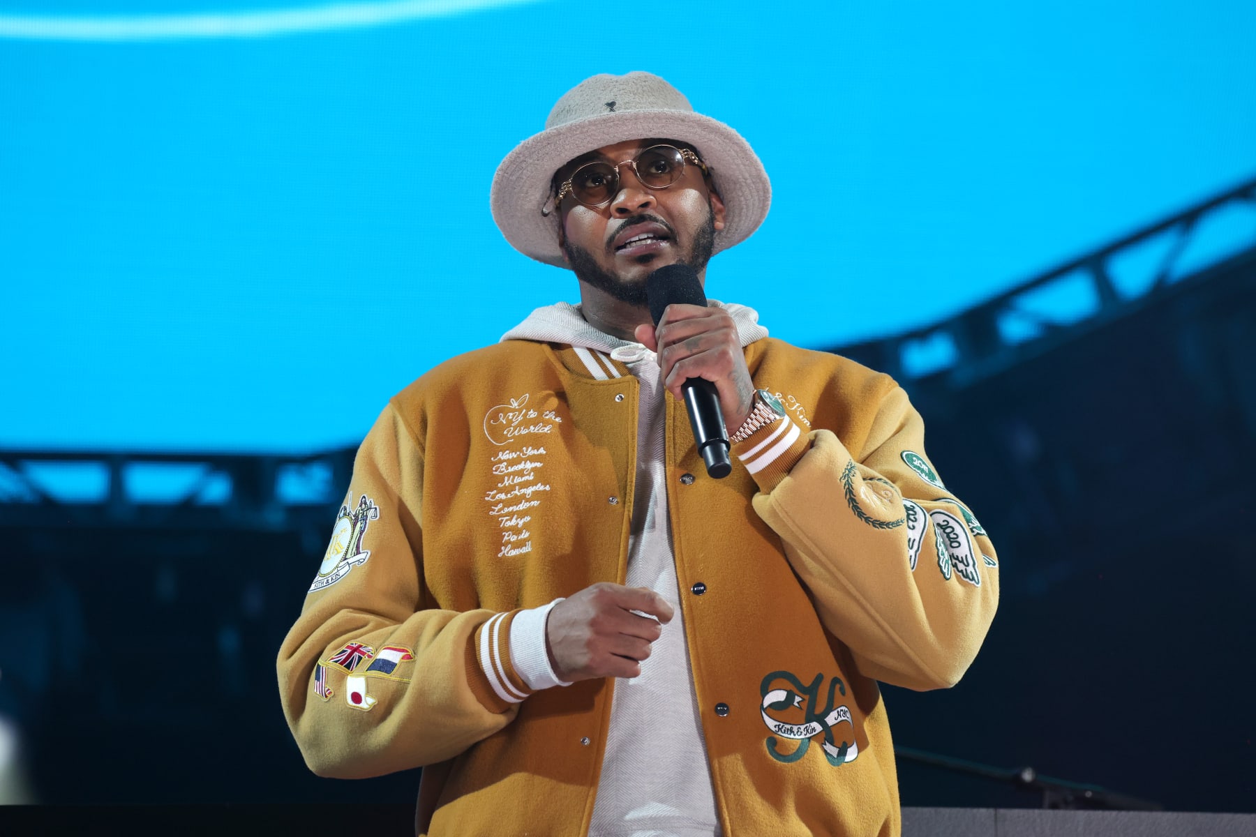 NEW YORK, NEW YORK - SEPTEMBER 23: Carmelo Anthony speaks onstage during Global Citizen Festival 2023 at Central Park on September 23, 2023 in New York City. (Photo by Kevin Mazur/Getty Images for Global Citizen)