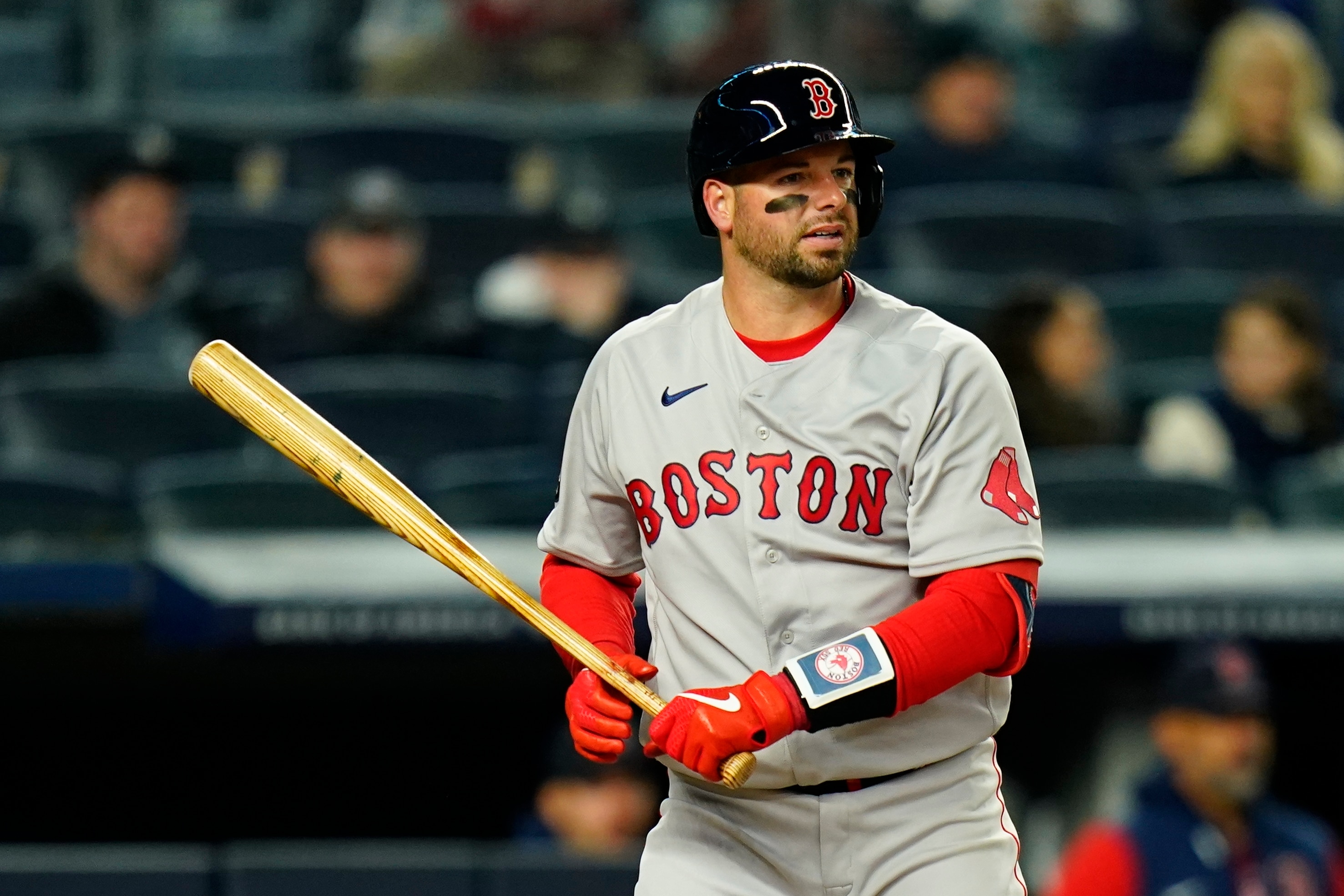 Boston Red Sox's Kevin Plawecki during the ninth inning of a baseball game against the New York Yankees Sunday, April 10, 2022, in New York. The Red Sox won 4-3. (AP Photo/Frank Franklin II)