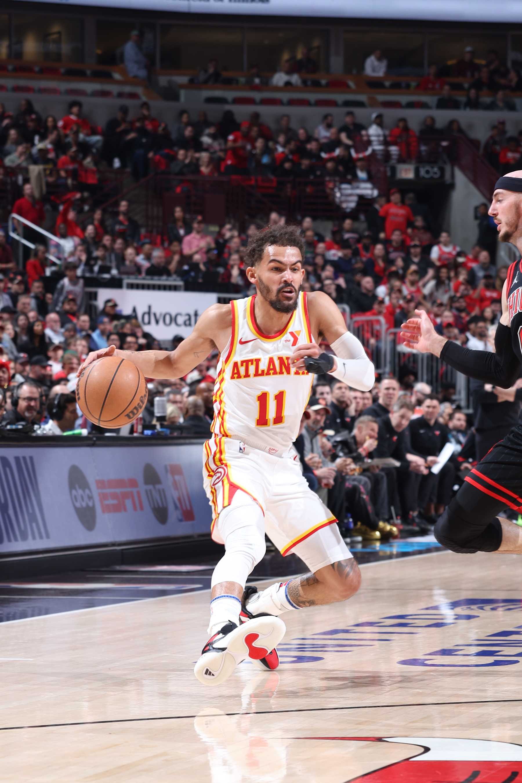 CHICAGO, IL - APRIL 17:  Trae Young #11 of the Atlanta Hawks goes to the basket during the game against the Chicago Bulls during the 2024 Play-In Tournament  on April 17, 2024 at United Center in Chicago, Illinois. NOTE TO USER: User expressly acknowledges and agrees that, by downloading and or using this photograph, User is consenting to the terms and conditions of the Getty Images License Agreement. Mandatory Copyright Notice: Copyright 2024 NBAE (Photo by Jeff Haynes/NBAE via Getty Images)