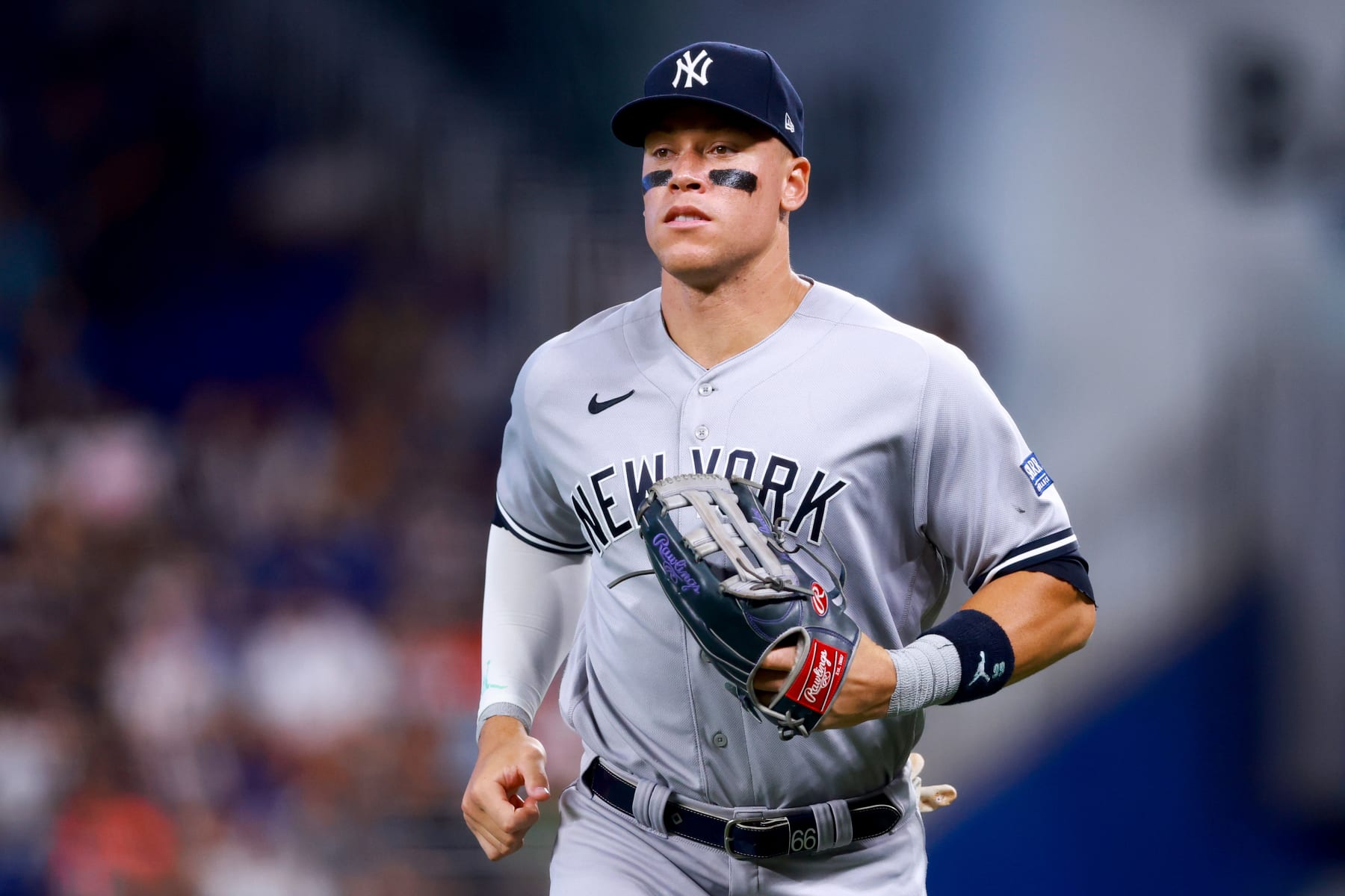 MIAMI, FLORIDA - AUGUST 13: Aaron Judge #99 of the New York Yankees looks on against the Miami Marlins during the seventh inning at loanDepot park on August 13, 2023 in Miami, Florida. (Photo by Megan Briggs/Getty Images)