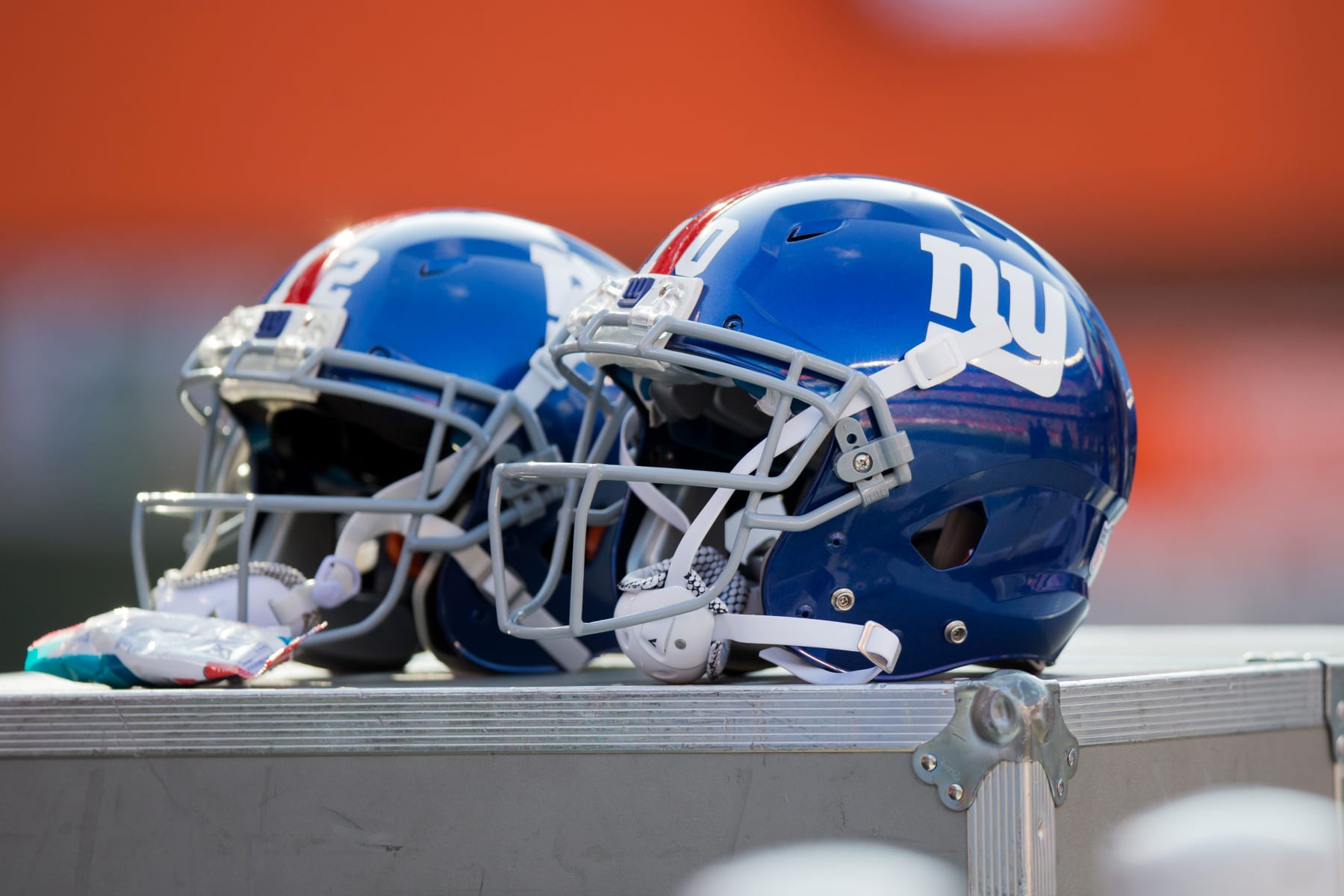 CLEVELAND, OH - NOVEMBER 27: New York Giants helmets on the sideline during the first quarter of the National Football League game between the New York Giants and Cleveland Browns on November 27, 2016, at FirstEnergy Stadium in Cleveland, OH. New York defeated Cleveland 27-13. (Photo by Frank Jansky/Icon Sportswire via Getty Images)