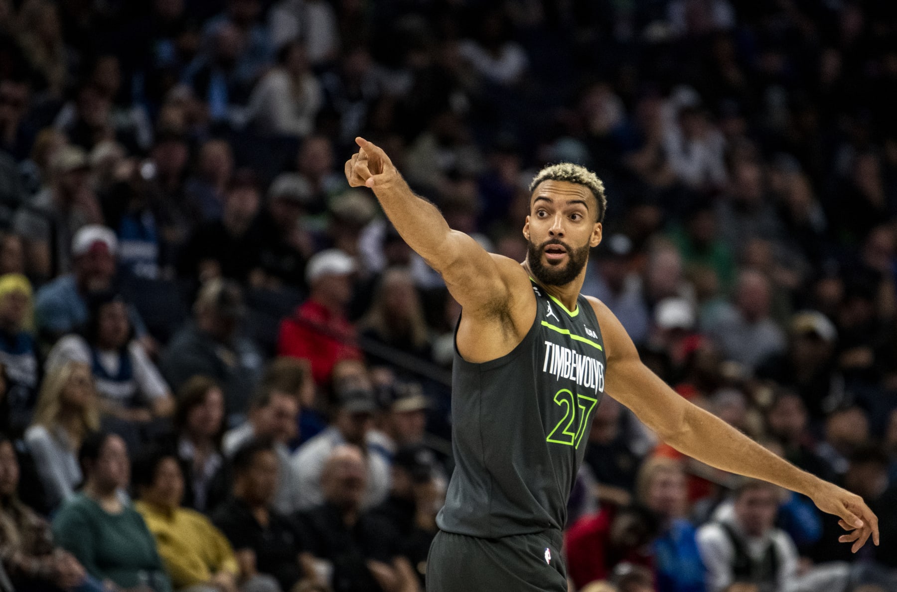 MINNEAPOLIS, MN - OCTOBER 21: Rudy Gobert #27 of the Minnesota Timberwolves reacts after a play in the fourth quarter of the game against the Utah Jazz at Target Center on October 21, 2022 in Minneapolis, Minnesota. NOTE TO USER: User expressly acknowledges and agrees that, by downloading and or using this photograph, User is consenting to the terms and conditions of the Getty Images License Agreement. (Photo by Stephen Maturen/Getty Images)