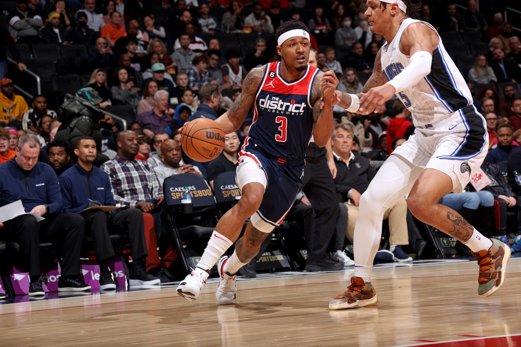 WASHINGTON, DC -  JANUARY 21: Bradley Beal #3 of the Washington Wizards drives to the basket against the Orlando Magic  on January 21, 2023 at Capital One Arena in Washington, DC. NOTE TO USER: User expressly acknowledges and agrees that, by downloading and or using this Photograph, user is consenting to the terms and conditions of the Getty Images License Agreement. Mandatory Copyright Notice: Copyright 2023 NBAE (Photo by Stephen Gosling/NBAE via Getty Images)