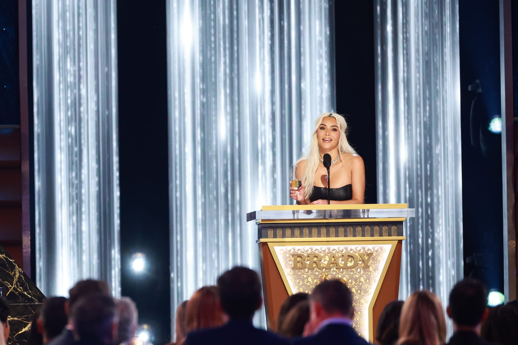 INGLEWOOD, CALIFORNIA - MAY 05: Kim Kardashian speaks onstage during G.R.O.A.T The Greatest Roast Of All Time: Tom Brady for the Netflix is a Joke Festival at The Kia Forum on May 05, 2024 in Inglewood, California.  (Photo by Matt Winkelmeyer/Getty Images for Netflix)