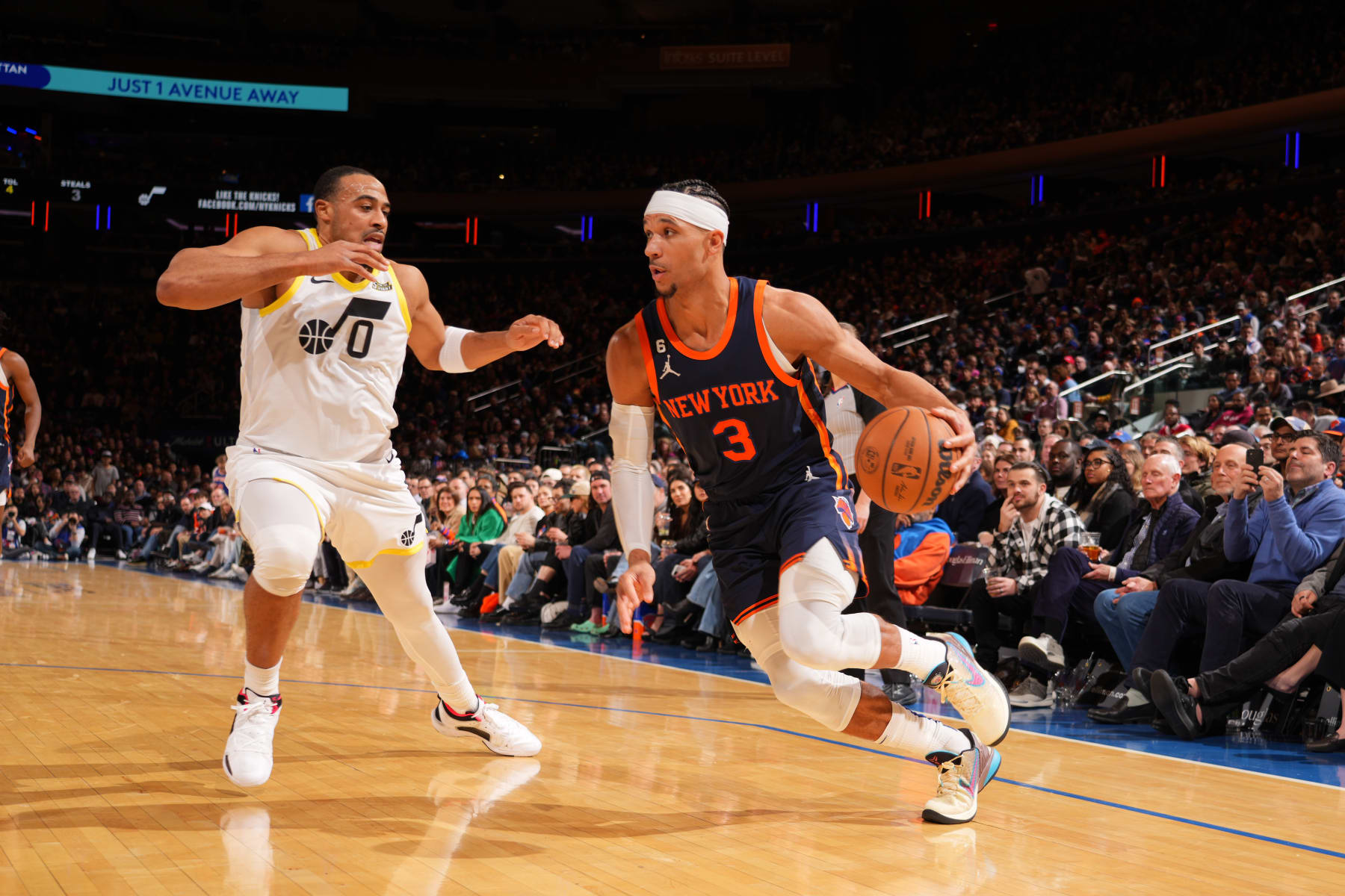 NEW YORK, NY - FEBRUARY 11: Josh Hart #3 of the New York Knicks dribbles the ball during the game against the Utah Jazz on February 11, 2023 at Madison Square Garden in New York City, New York.  NOTE TO USER: User expressly acknowledges and agrees that, by downloading and or using this photograph, User is consenting to the terms and conditions of the Getty Images License Agreement. Mandatory Copyright Notice: Copyright 2023 NBAE  (Photo by Jesse D. Garrabrant/NBAE via Getty Images)