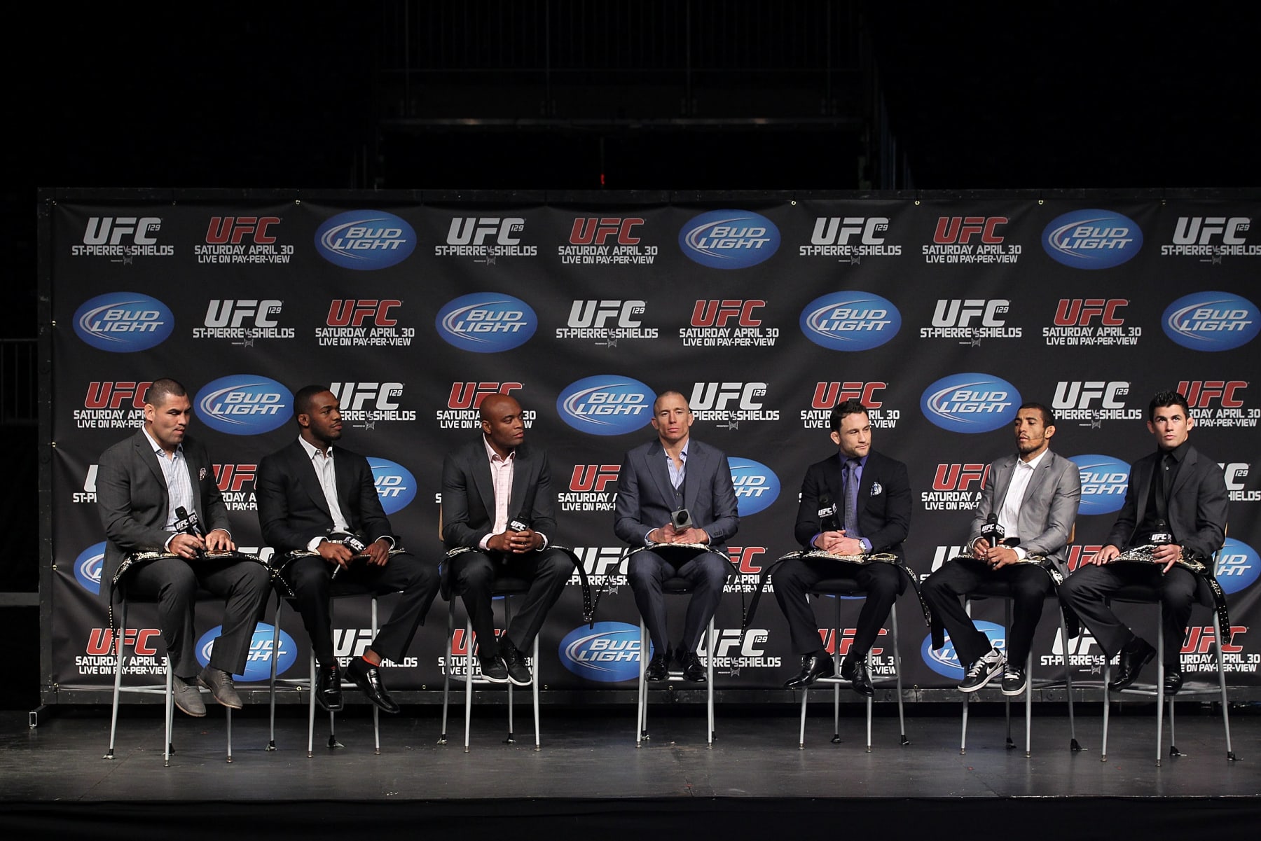 TORONTO, ON - APRIL 29:  The seven UFC  Champions (L-R) Cain Velasquez,Jon Jones, Anderson Silva, Georges St-Pierre, Frankie Edgar, Jose Aldo, and Dominick Cruz appear for a question and answer session before the weigh in  prior to UFC 129 on April 29, 2011 at the Ricoh Coliseum in Toronto, Ontario, Canada.  (Photo by Al Bello/Zuffa LLC/Zuffa LLC via Getty Images)