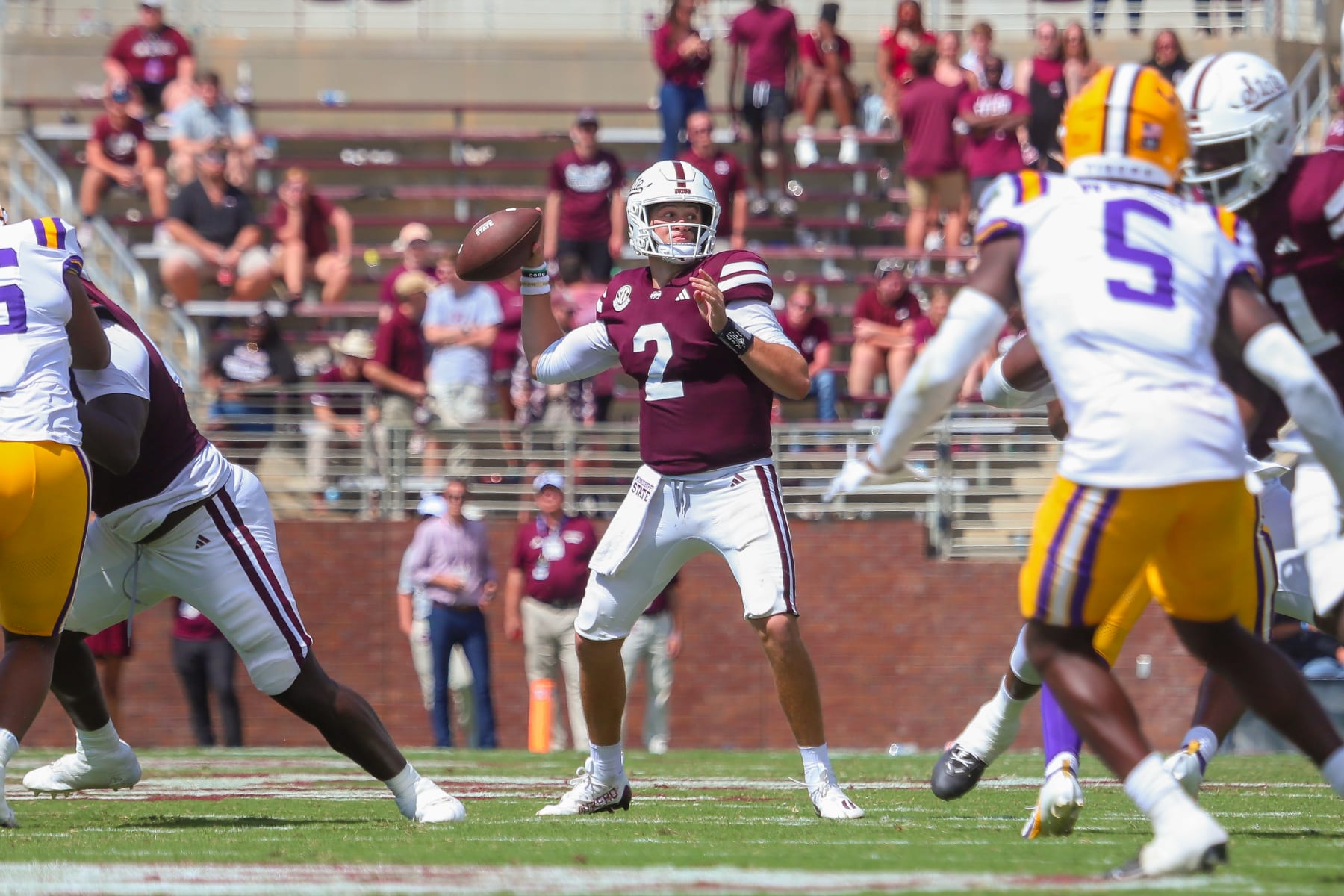 STARKVILLE, MS - SEPTEMBER 16: Mississippi State Bulldogs quarterback Will Rogers (2) passes during the game between the Mississippi State Bulldogs and the LSU Tigers on September 16, 2023 at Davis Wade Stadium at Scott Field in Starkville, MS. (Photo by Chris McDill/Icon Sportswire via Getty Images)