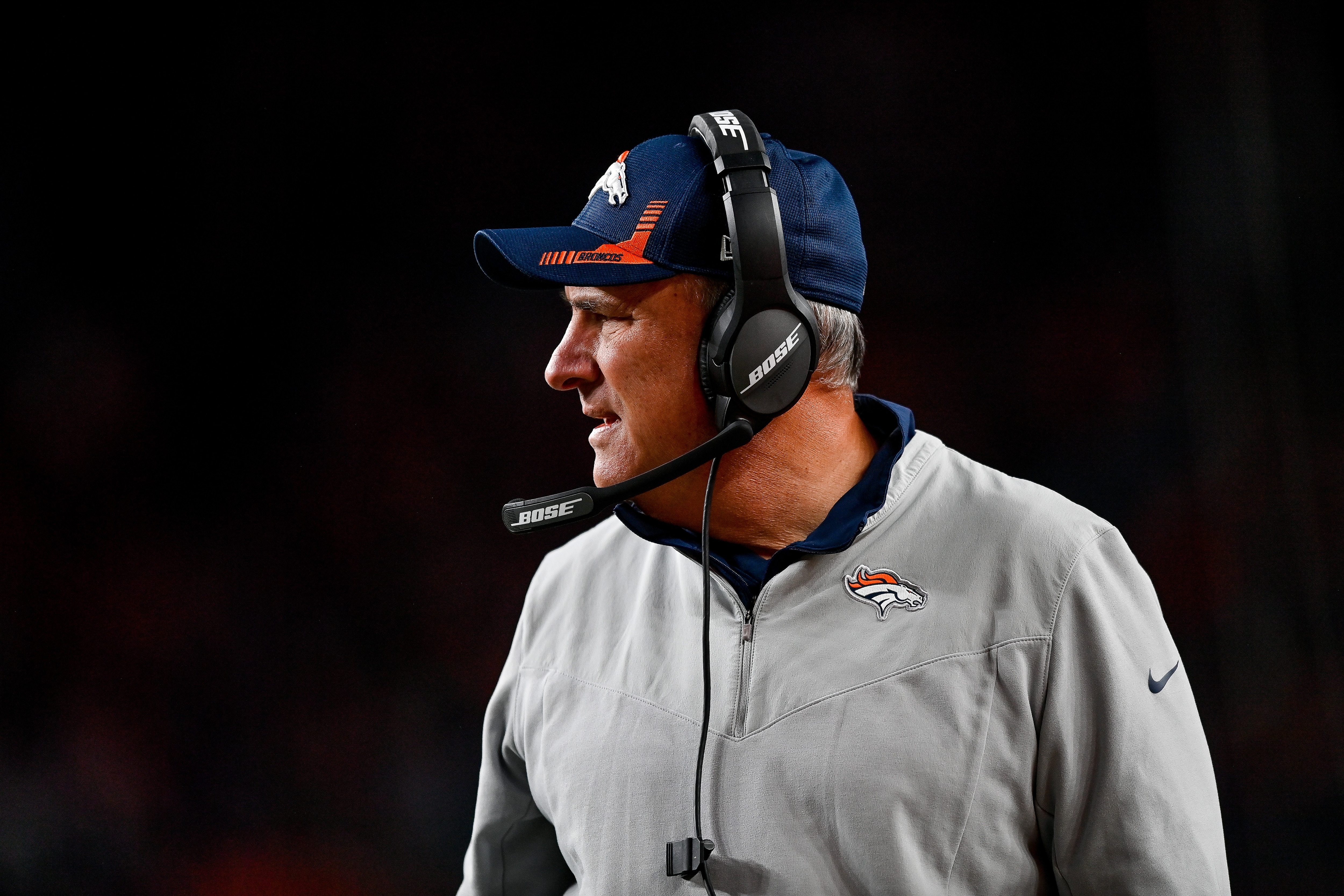 DENVER, CO - DECEMBER 19: Denver Broncos head coach Vic Fangio walks along the sideline during a game between the Denver Broncos and the Cincinnati Bengals at Empower Field at Mile High on December 19, 2021 in Denver, Colorado. (Photo by Dustin Bradford/Icon Sportswire via Getty Images)