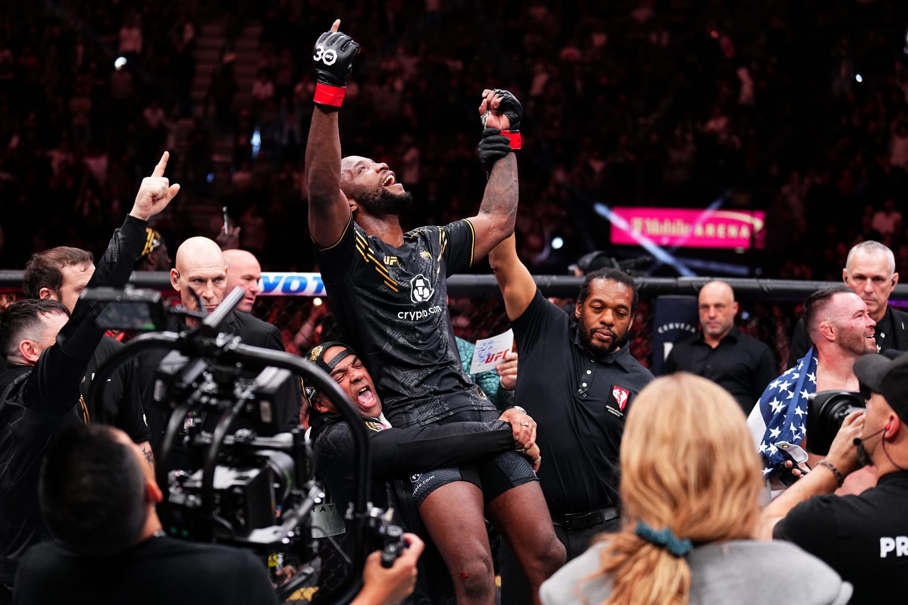 LAS VEGAS, NEVADA - DECEMBER 16: Leon Edwards of Jamaica celebrates his win over Colby Covington in the UFC welterweight championship fight during the UFC 296 event at T-Mobile Arena on December 16, 2023 in Las Vegas, Nevada. (Photo by Chris Unger/Zuffa LLC via Getty Images)
