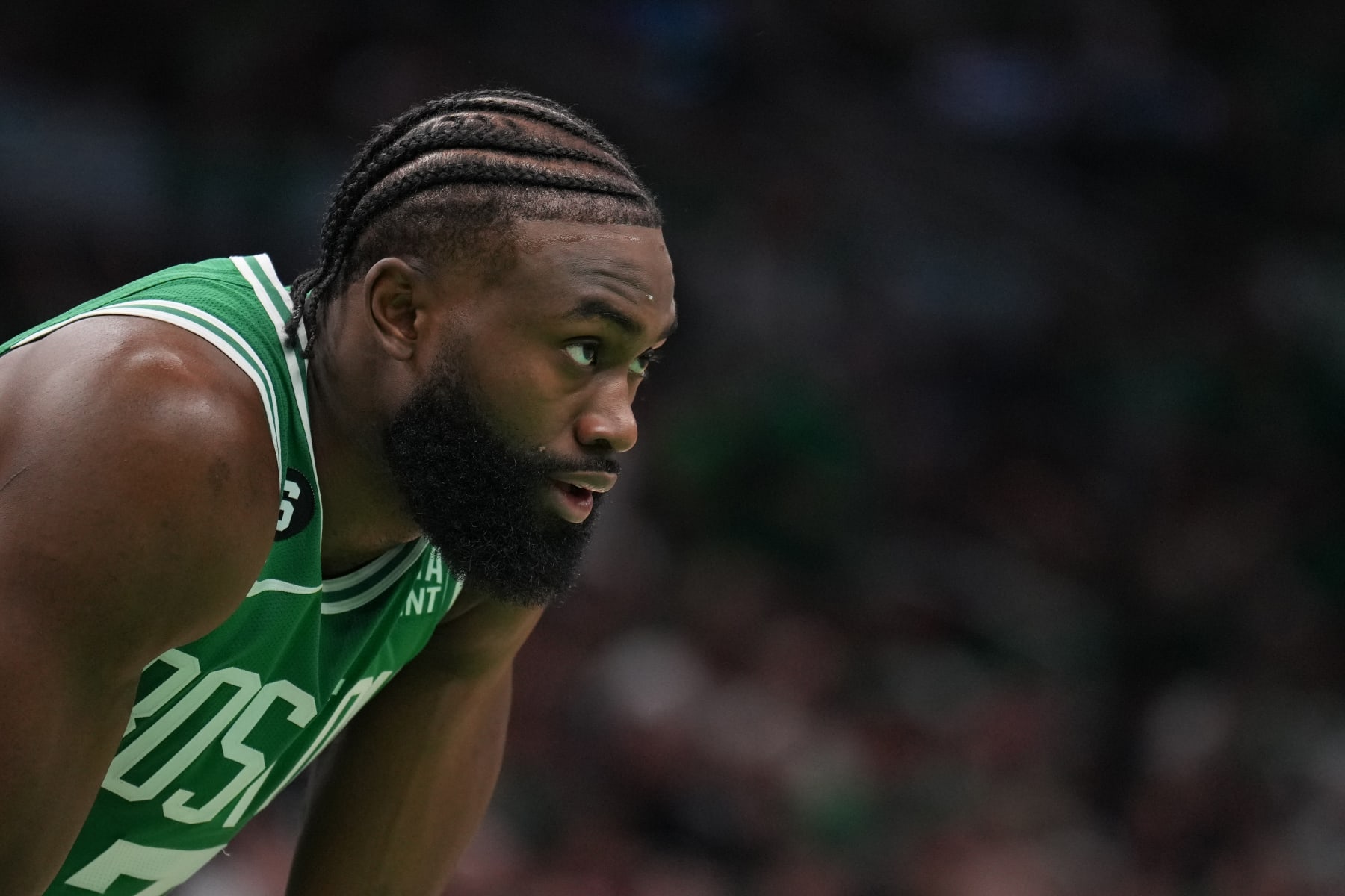 BOSTON, MA - MAY 14: Jaylen Brown #7 of the Boston Celtics looks on during Game Seven of the Eastern Conference Semi-Finals of the 2023 NBA Playoffs against the Philadelphia 76ers on May 14, 2023 at the TD Garden in Boston, Massachusetts. NOTE TO USER: User expressly acknowledges and agrees that, by downloading and or using this photograph, User is consenting to the terms and conditions of the Getty Images License Agreement. Mandatory Copyright Notice: Copyright 2023 NBAE  (Photo by Jesse D. Garrabrant/NBAE via Getty Images)