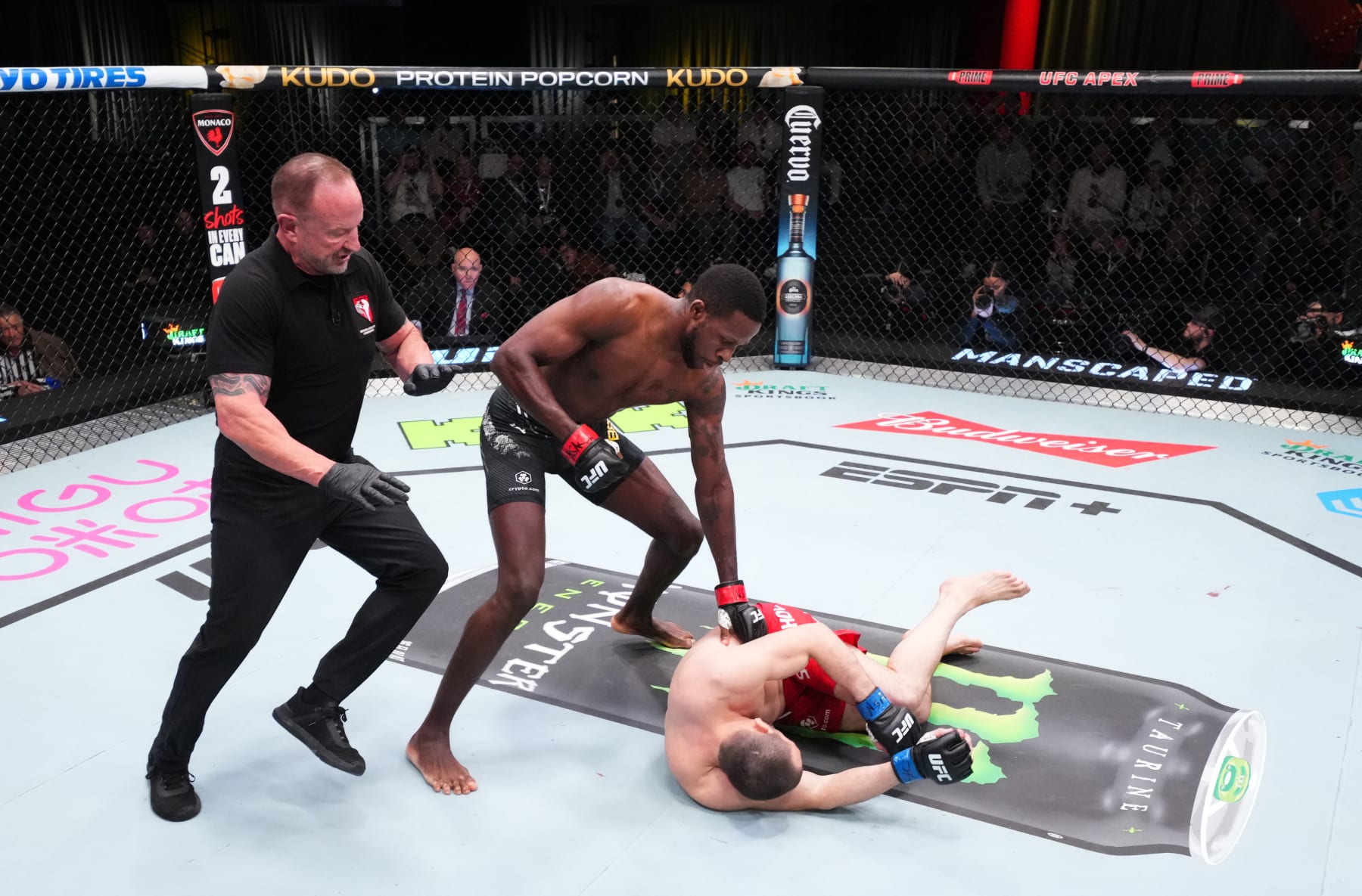 LAS VEGAS, NEVADA - FEBRUARY 03: (L-R) Randy Brown of Jamaica knocks out Muslim Salikhov of Russia in a welterweight fight during the UFC Fight Night event at UFC APEX on February 03, 2024 in Las Vegas, Nevada. (Photo by Chris Unger/Zuffa LLC via Getty Images)