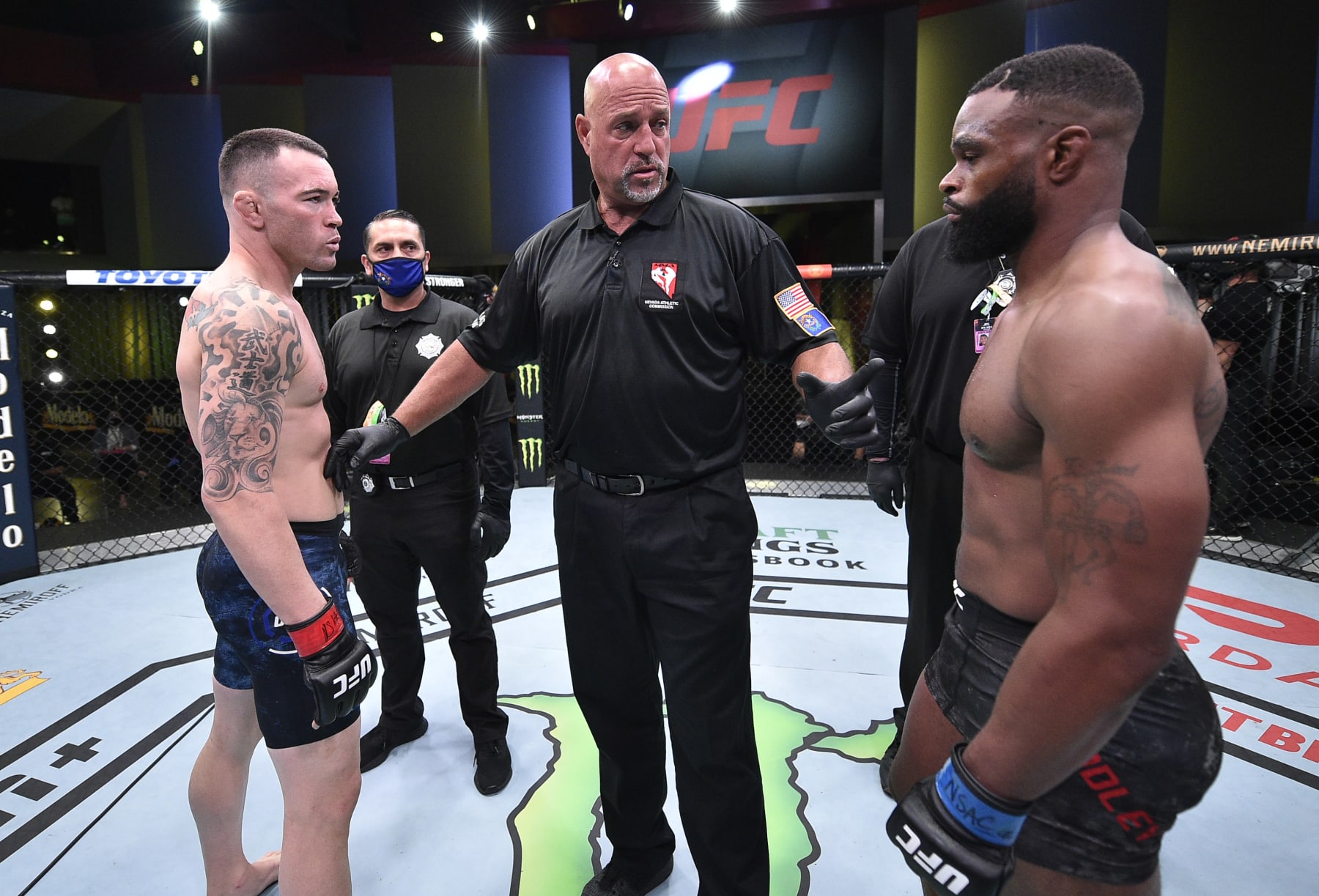LAS VEGAS, NEVADA - SEPTEMBER 19: (L-R) Opponents Colby Covington and Tyron Woodley face off prior to their welterweight bout during the UFC Fight Night event at UFC APEX on September 19, 2020 in Las Vegas, Nevada. (Photo by Chris Unger/Zuffa LLC)