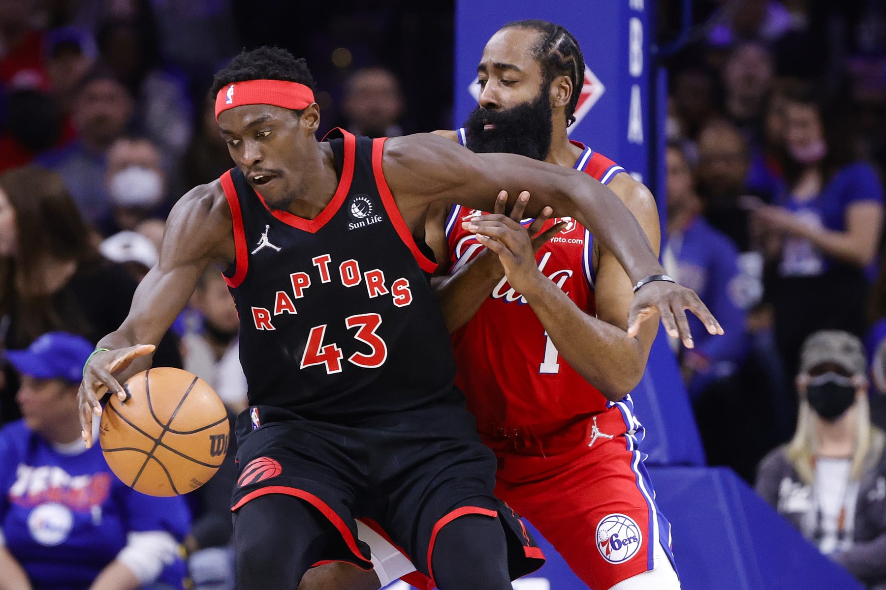 PHILADELPHIA, PENNSYLVANIA - APRIL 18: Pascal Siakam #43 of the Toronto Raptors tries to dribble past James Harden #1 of the Philadelphia 76ers during Game Two of the Eastern Conference First Round at Wells Fargo Center on April 18, 2022 in Philadelphia, Pennsylvania. NOTE TO USER: User expressly acknowledges and agrees that, by downloading and or using this photograph, User is consenting to the terms and conditions of the Getty Images License Agreement. (Photo by Tim Nwachukwu/Getty Images)