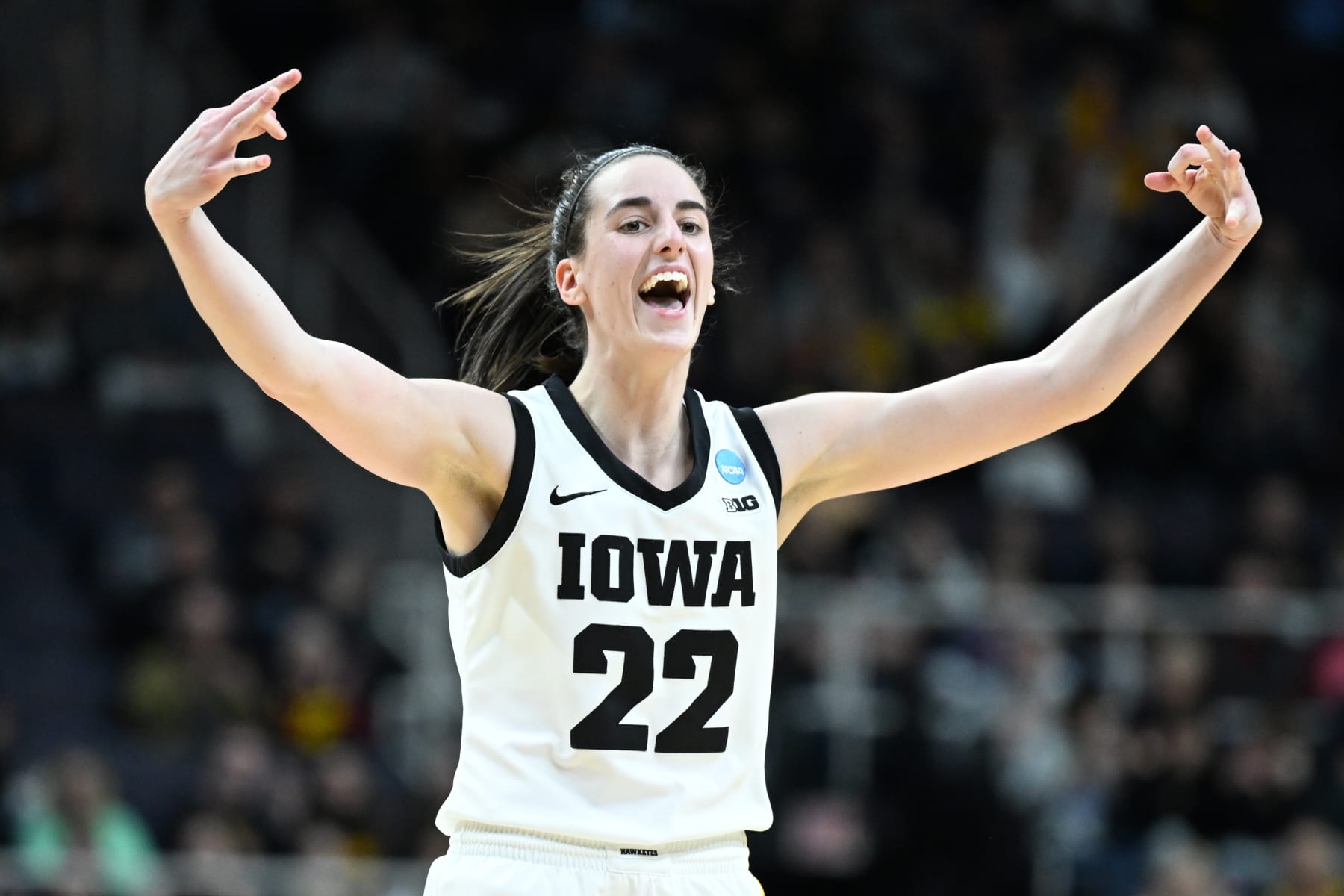 ALBANY, NEW YORK - MARCH 30: Caitlin Clark #22 of the Iowa Hawkeyes reacts after a three pointer against the Colorado Buffaloes during the Sweet Sixteen round of the 2024 NCAA Women's Basketball Tournament held at MVP Arena on March 30, 2024 in Albany, New York. (Photo by Greg Fiume/NCAA Photos via Getty Images)