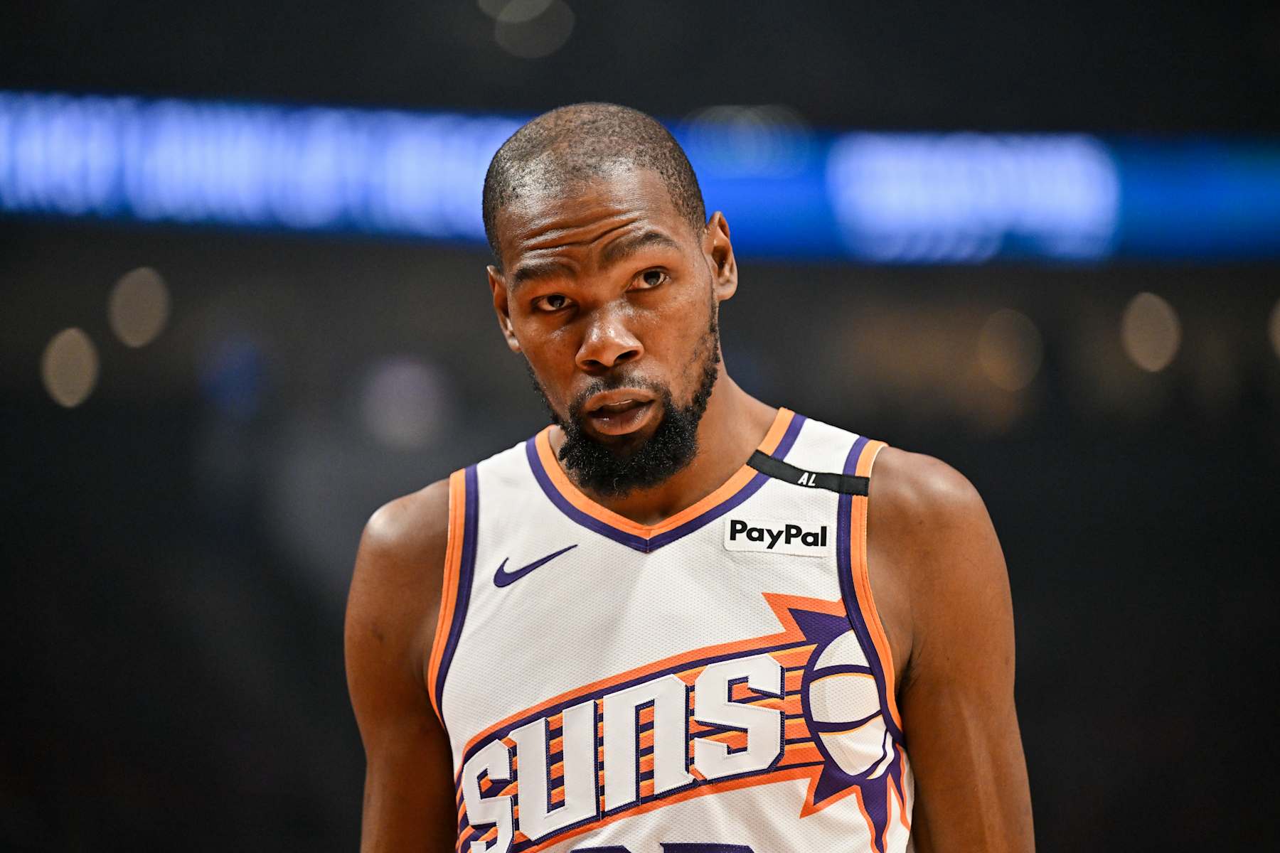PORTLAND, OREGON - FEBRUARY 01: Kevin Durant #35 of the Phoenix Suns looks on during the first quarter of the game against the Portland Trail Blazers at Moda Center on February 01, 2025 in Portland, Oregon. NOTE TO USER: User expressly acknowledges and agrees that, by downloading and or using this photograph, User is consenting to the terms and conditions of the Getty Images License Agreement. (Photo by Alika Jenner/Getty Images)