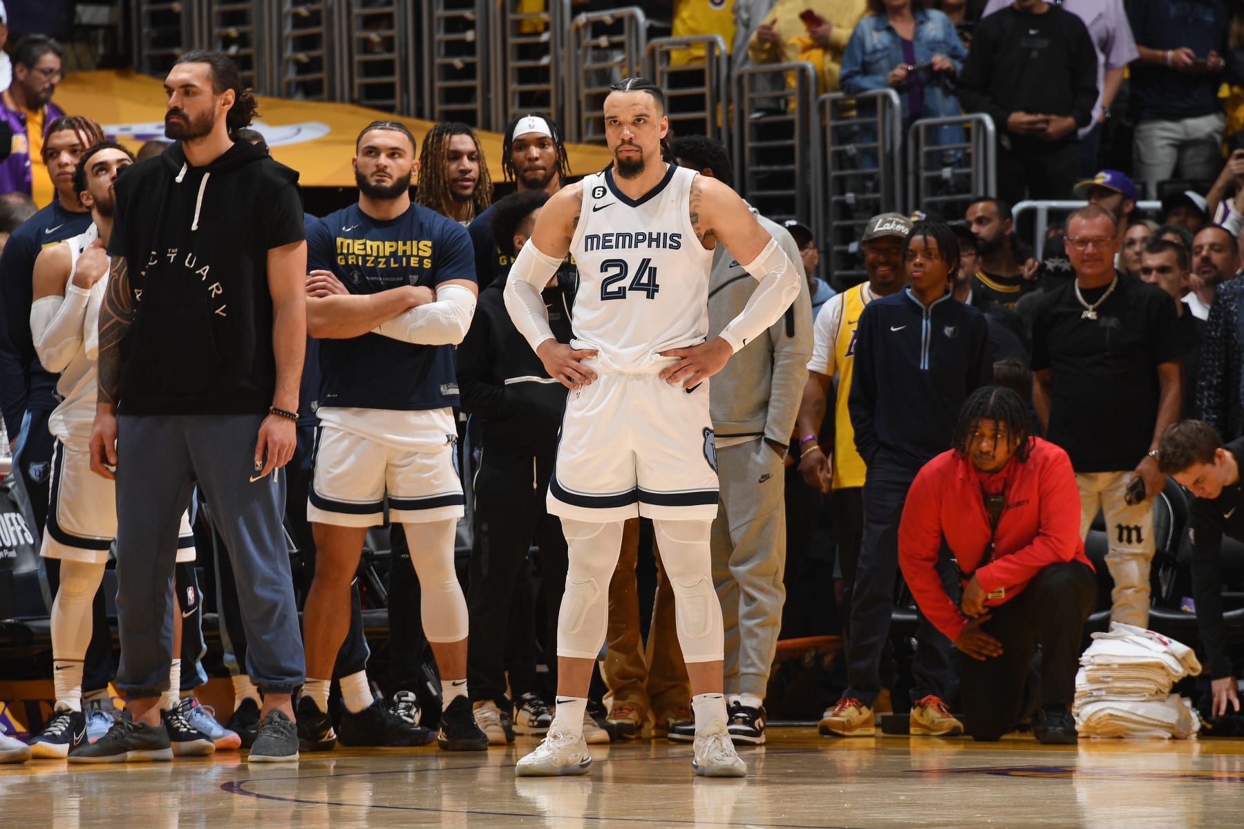 LOS ANGELES, CA - APRIL 24: Dillon Brooks #24 of the Memphis Grizzlies looks on during the game against the Los Angeles Lakers on April 24, 2023 at Crypto.Com Arena in Los Angeles, California. NOTE TO USER: User expressly acknowledges and agrees that, by downloading and/or using this Photograph, user is consenting to the terms and conditions of the Getty Images License Agreement. Mandatory Copyright Notice: Copyright 2023 NBAE (Photo by Andrew D. Bernstein/NBAE via Getty Images)