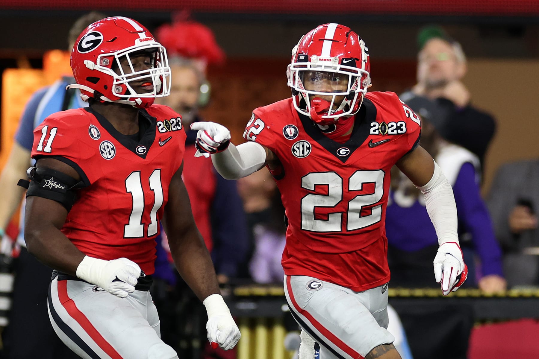 INGLEWOOD, CALIFORNIA - JANUARY 09: Javon Bullard #22 of the Georgia Bulldogs reacts with teammates after his second interception late in the second quarter against the TCU Horned Frogs in the College Football Playoff National Championship game at SoFi Stadium on January 09, 2023 in Inglewood, California. (Photo by Ezra Shaw/Getty Images)