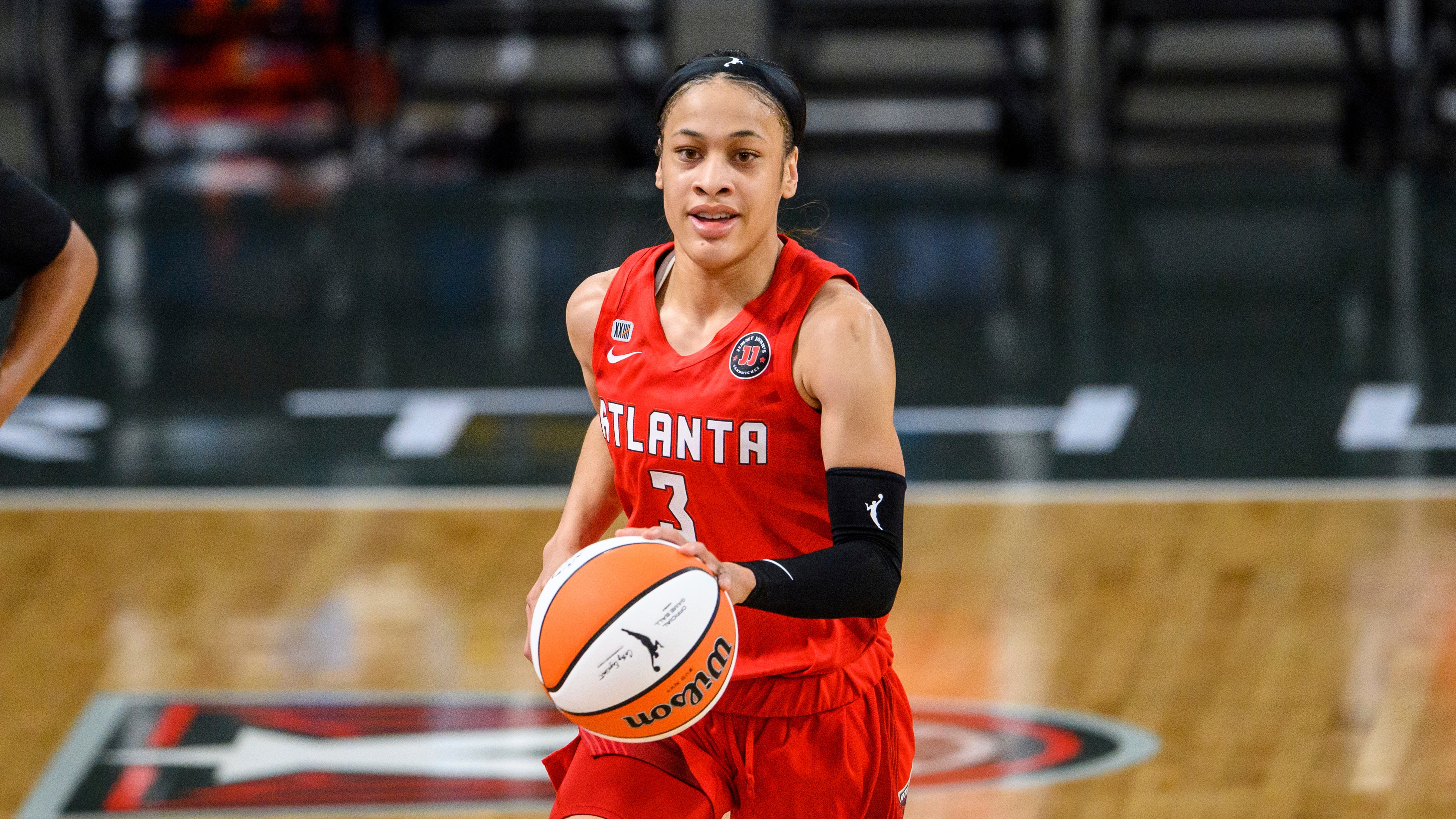 Atlanta Dream guard Chennedy Carter (3) in action during a WNBA basketball game against the Dallas Wings, Thursday, May 27, 2021, in College Park, Ga. (AP Photo/Danny Karnik)