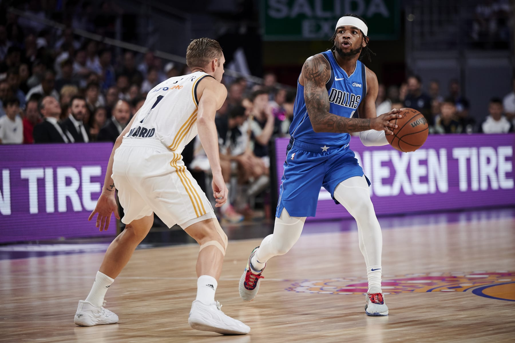 MADRID, SPAIN - OCTOBER 10: #01 Fabien Causeur of Real Madrid and #01 Jaden Hardy of Dallas Mavericks during Exhibition match between Real Madrid and Dallas Mavericks at WiZink Center on October 10, 2023 in Madrid, Spain. (Photo by Borja B. Hojas/Getty Images)