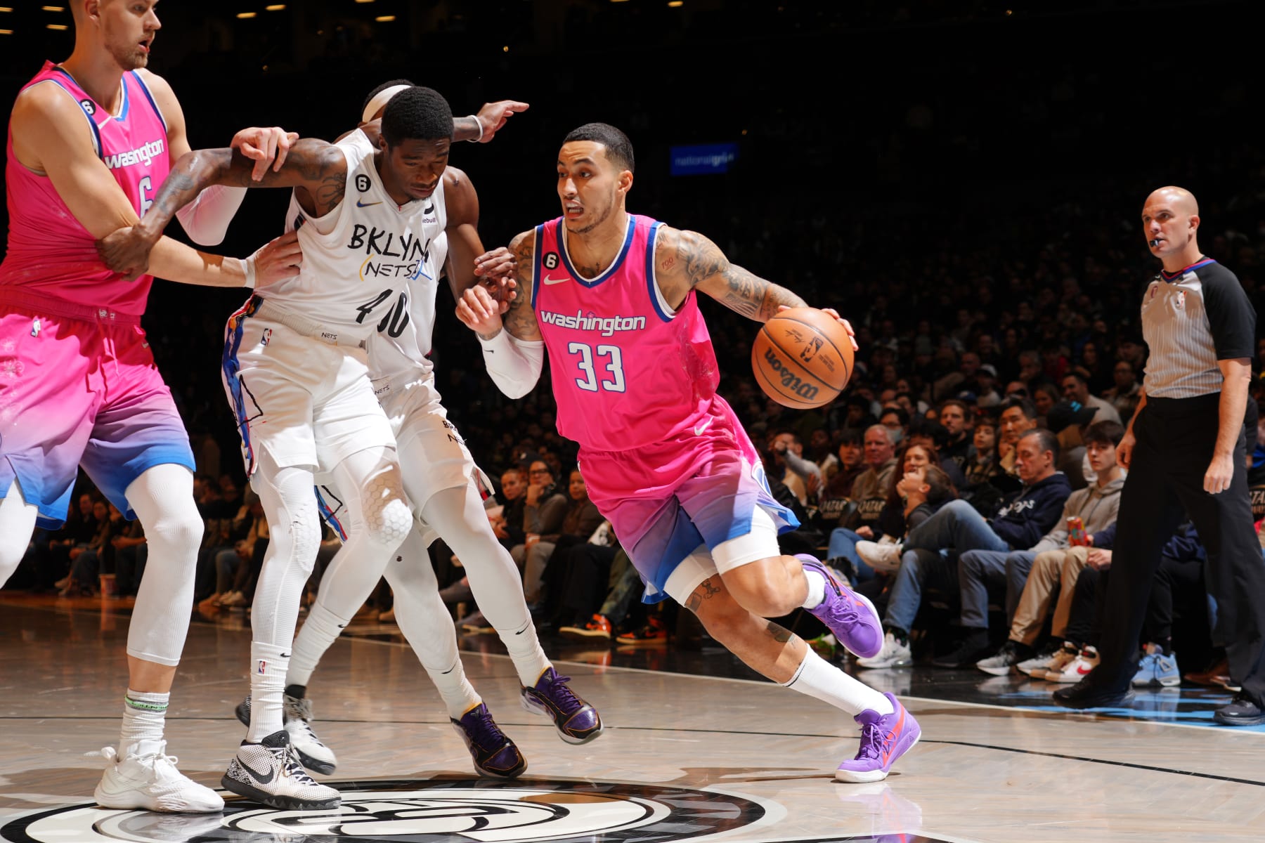 BROOKLYN, NY - FEBRUARY 4: Kyle Kuzma #33 of the Washington Wizards drives to the basket during the game against the Brooklyn Nets on February 4, 2023 at the Barclays Center in Brooklyn, New York NOTE TO USER: User expressly acknowledges and agrees that, by downloading and/or using this Photograph, user is consenting to the terms and conditions of the Getty Images License Agreement. Mandatory Copyright Notice: Copyright 2022 NBAE (Photo by Jesse D. Garrabrant/NBAE via Getty Images)