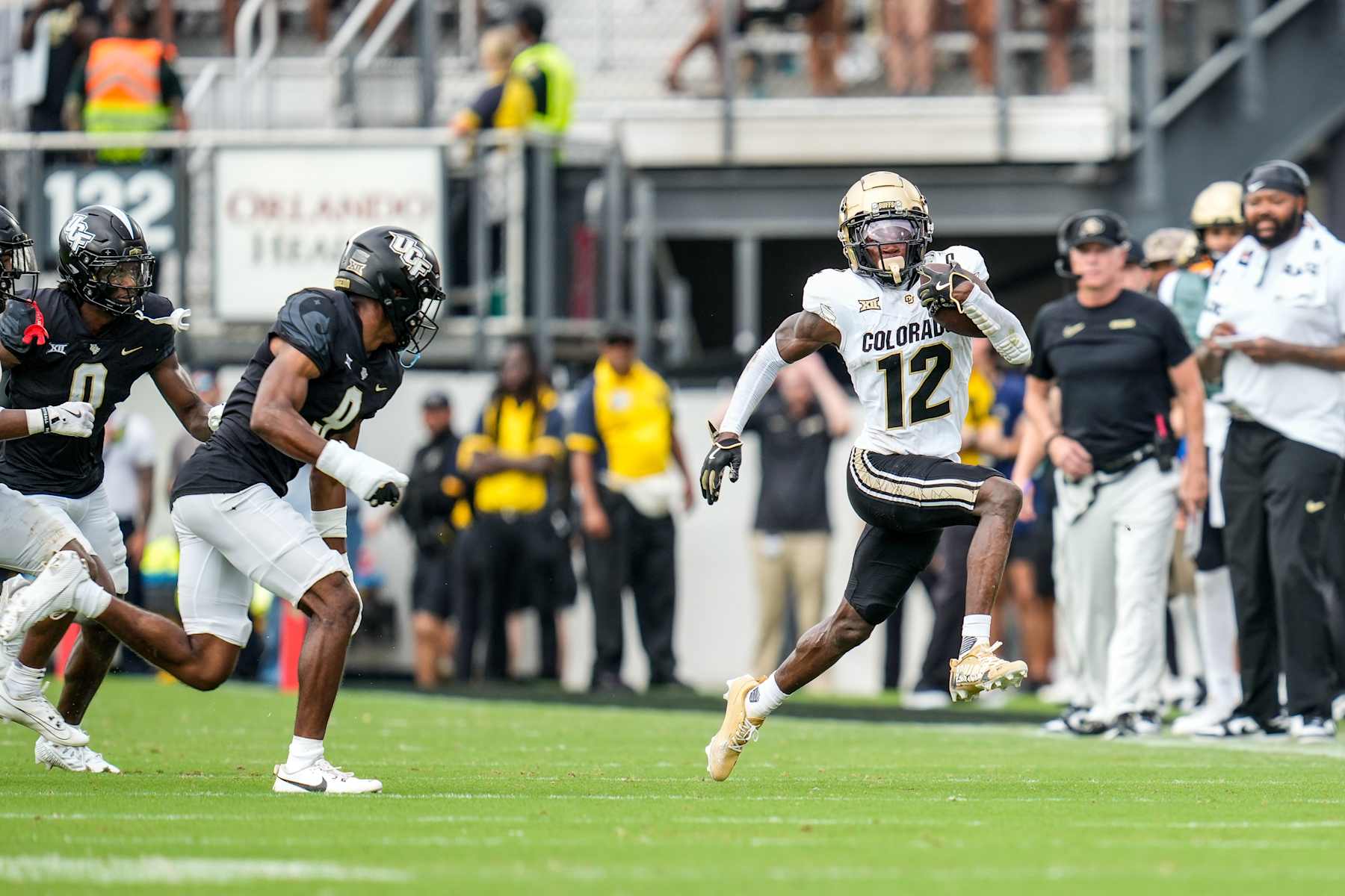 ORLANDO, FL - SEPTEMBER 28: Colorado Buffaloes wide receiver Travis Hunter (12) runs ahead during a game between the Colorado Buffaloes and the UCF Knights on September 28, 2024 at FBC Mortgage Stadium in Orlando, FL. (Photo by Ricky Bowden/Icon Sportswire via Getty Images)
