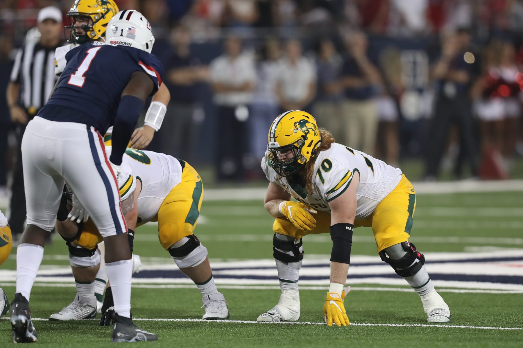 TUCSON, AZ - SEPTEMBER 17: North Dakota State Bison offensive tackle Cody Mauch #70 during a college football game between the North Dakota State Bison and the University of Arizona Wildcats on September 17, 2022 at Arizona Stadium in Tucson, AZ.  (Photo by Christopher Hook/Icon Sportswire via Getty Images)