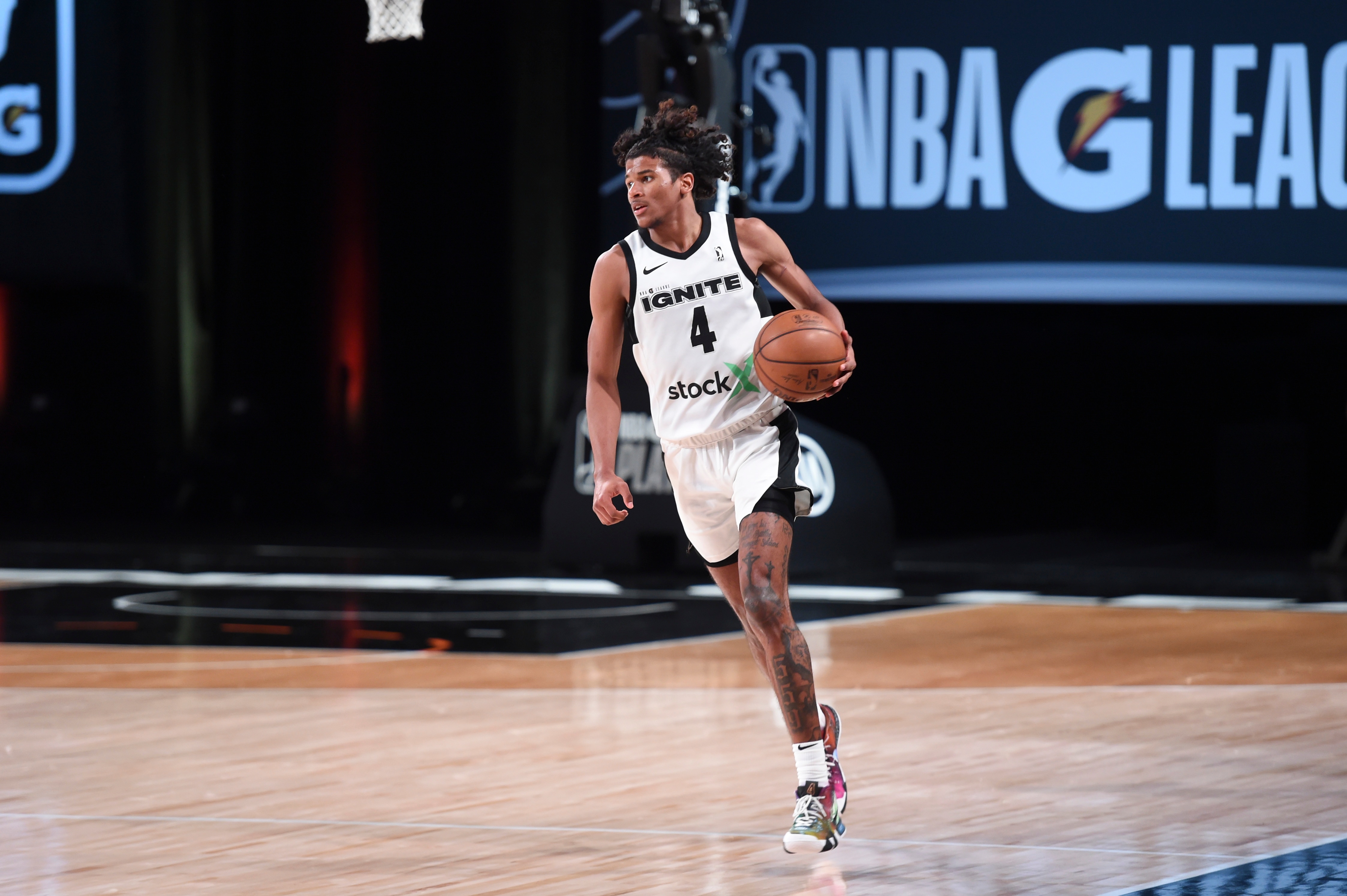 ORLANDO, FL - MARCH 8: Jalen Green #4 of Team Ignite handles the ball during the game against the Raptors 905 during the NBA G League Playoffs on March 8, 2021 at AdventHealth Arena in Orlando, Florida. NOTE TO USER: User expressly acknowledges and agrees that, by downloading and/or using this Photograph, user is consenting to the terms and conditions of the Getty Images License Agreement. Mandatory Copyright Notice: Copyright 2021 NBAE (Photo by Juan Ocampo/NBAE via Getty Images)