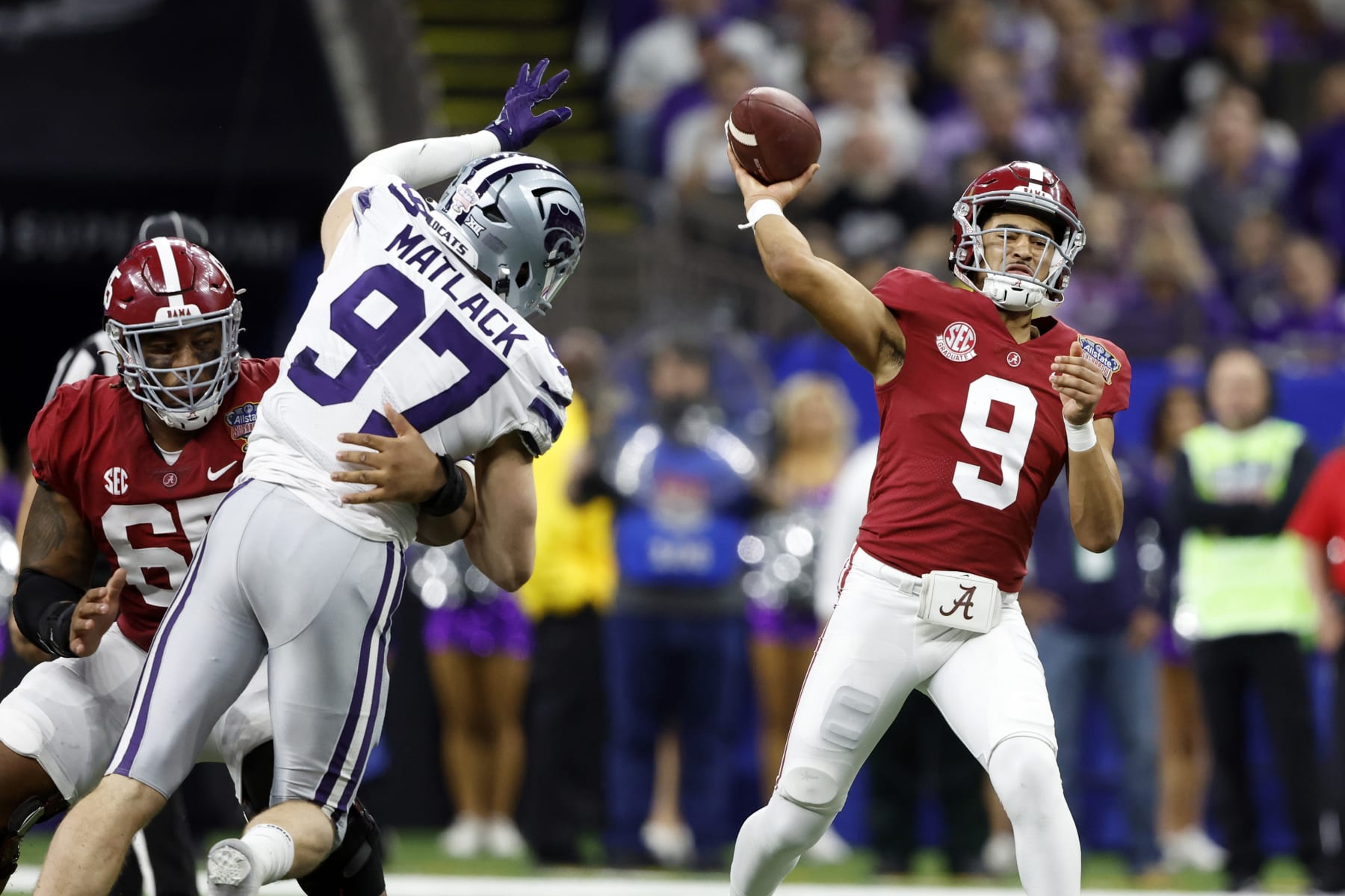 Alabama quarterback Bryce Young (9 )throws a pass against Kansas State during the second half of the Sugar Bowl NCAA college football game Saturday, Dec. 31, 2022, in New Orleans. (AP Photo/Butch Dill)