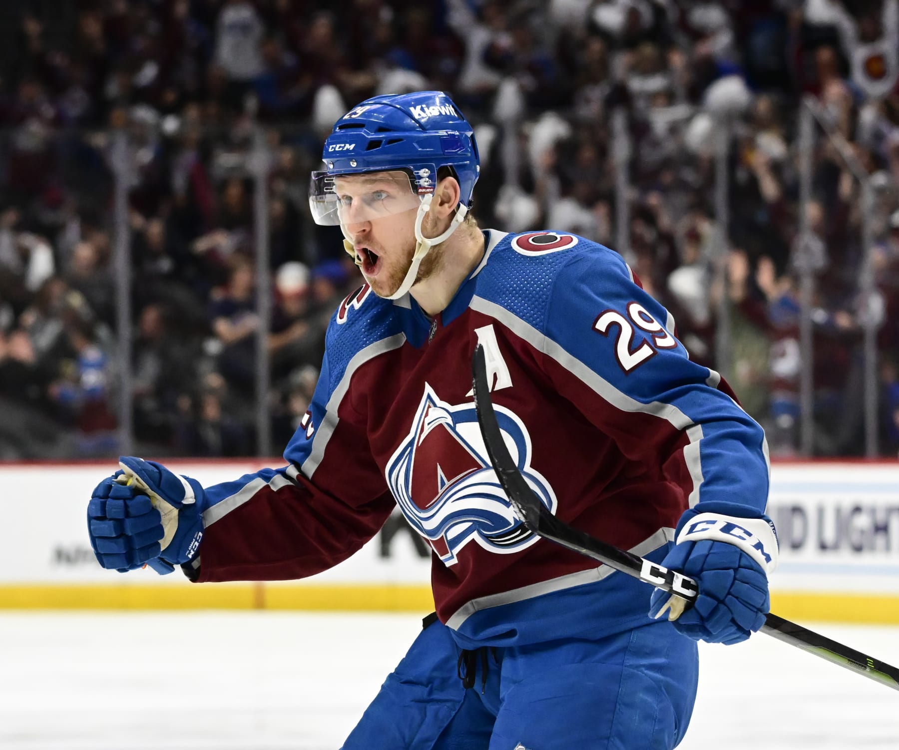 DENVER, CO - APRIL 30: Nathan MacKinnon (29) of the Colorado Avalanche celebrates his goal against the Seattle Kraken in the third period during game seven of the first round of the NHL Stanley Cup Playoffs at Ball Arena April 30, 2023. The goal was called back on an off sides call. (Photo by Andy Cross/The Denver Post)