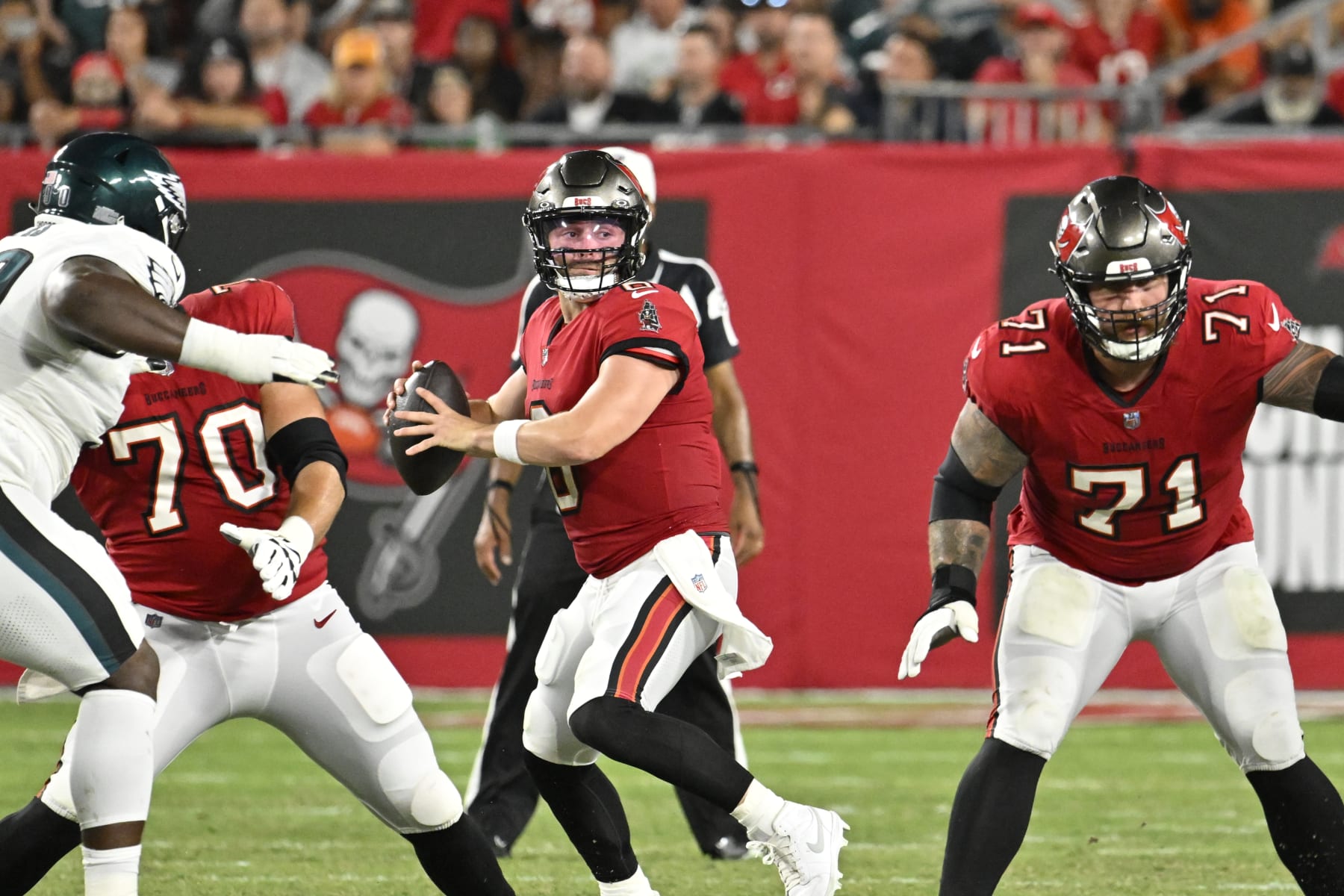Tampa Bay Buccaneers' Baker Mayfield passes during the first half of an NFL football game against the Philadelphia Eagles, Monday, Sept. 25, 2023, in Tampa, Fla. (AP Photo/Jason Behnken)