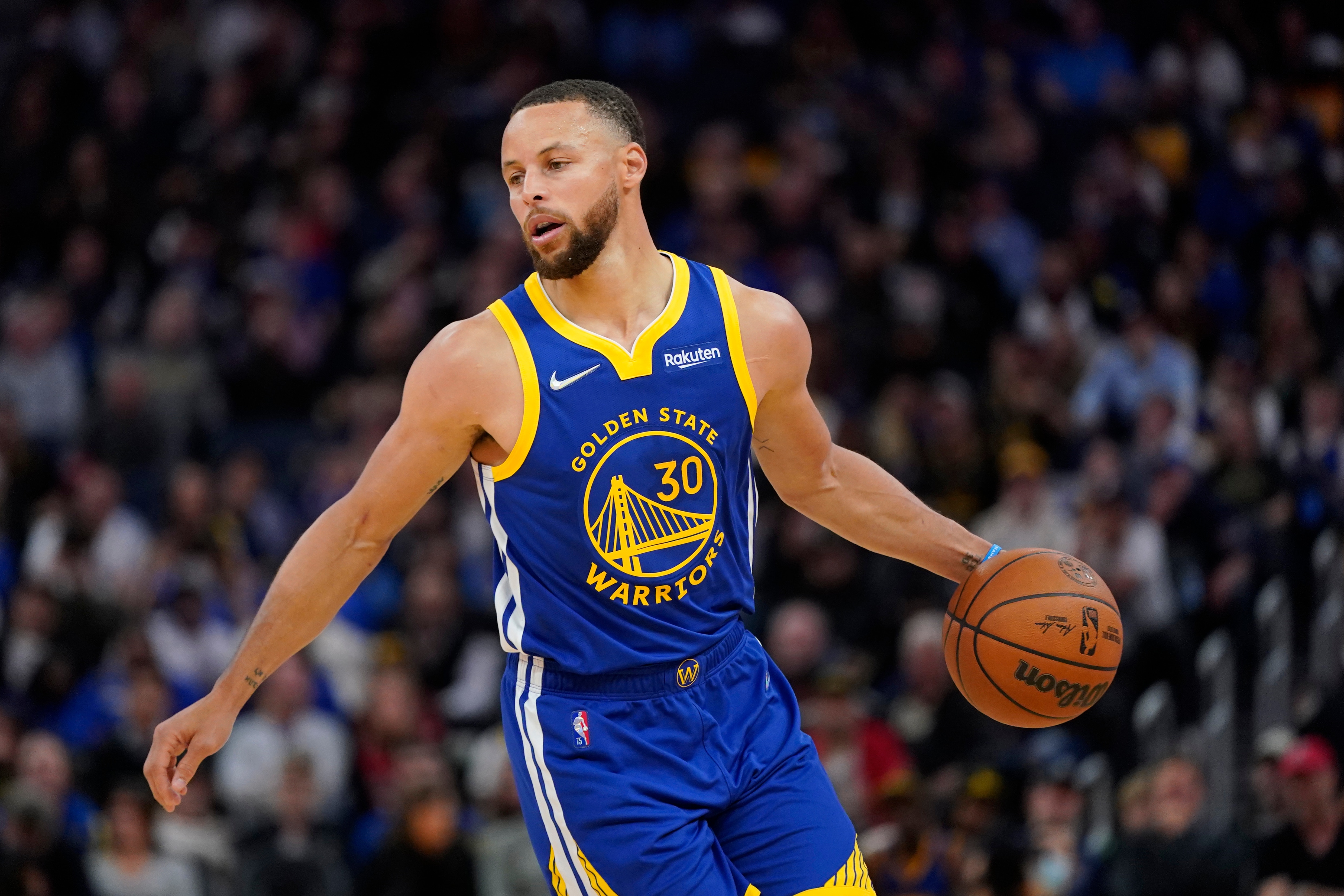 Golden State Warriors guard Stephen Curry during an NBA basketball game against the Washington Wizards in San Francisco, Monday, March 14, 2022. (AP Photo/Jeff Chiu)