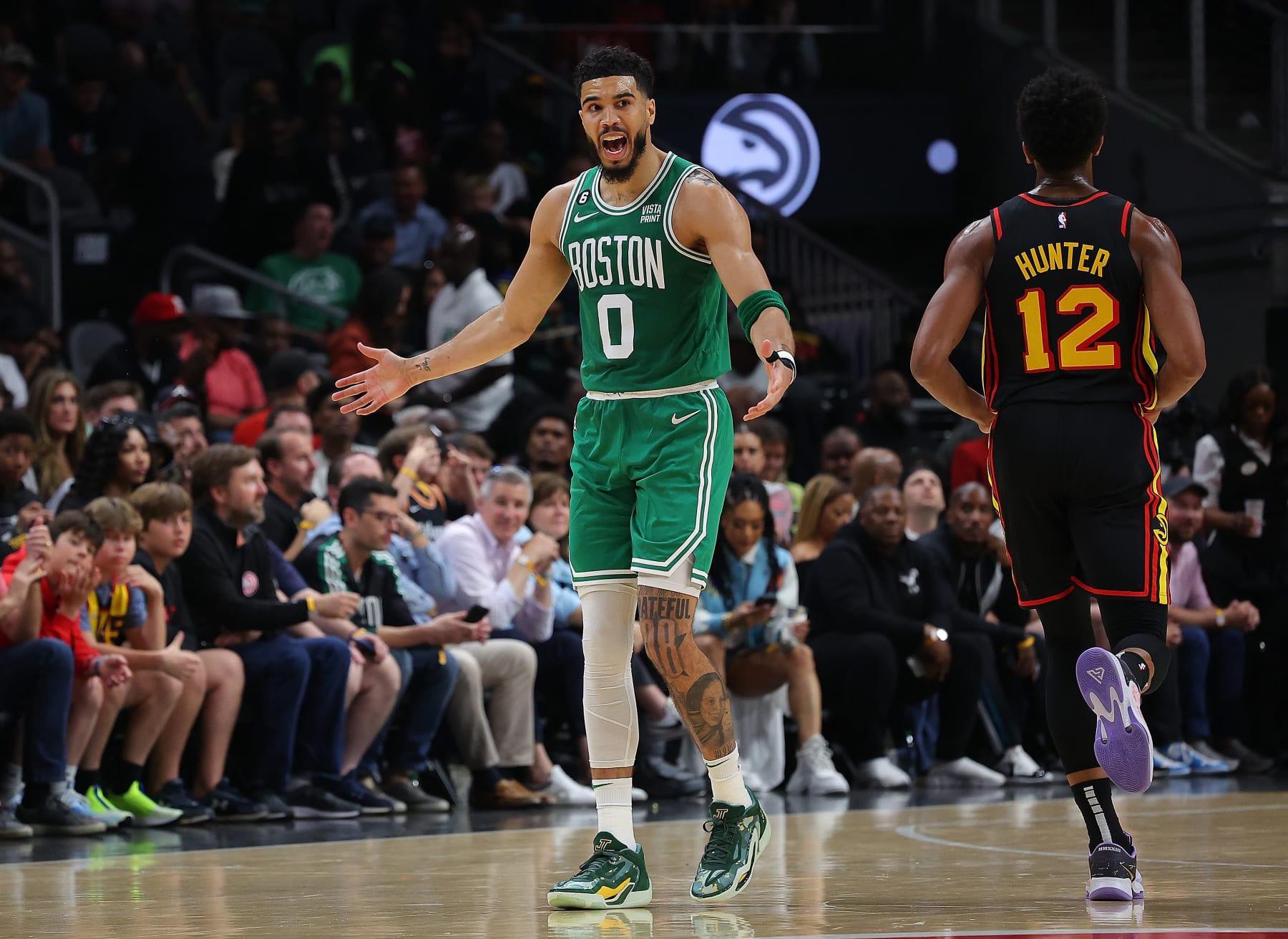 ATLANTA, GEORGIA - APRIL 21:  Jayson Tatum #0 of the Boston Celtics reacts after wanting a foul called against the Atlanta Hawks during the second quarter of Game Three of the Eastern Conference First Round Playoffs at State Farm Arena on April 21, 2023 in Atlanta, Georgia.  NOTE TO USER: User expressly acknowledges and agrees that, by downloading and or using this photograph, User is consenting to the terms and conditions of the Getty Images License Agreement.  (Photo by Kevin C. Cox/Getty Images)