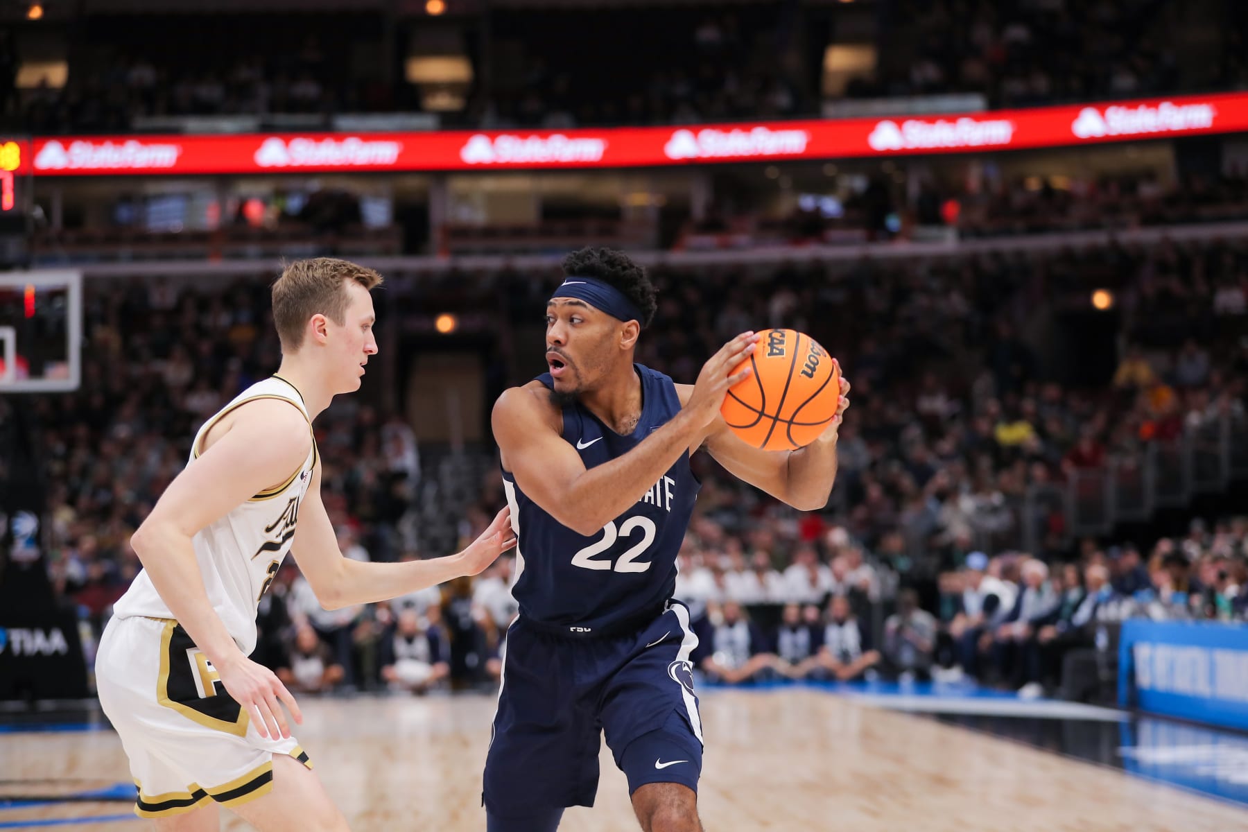 CHICAGO, IL - MARCH 12: Purdue Boilermakers guard Braden Smith (3) guards Penn State Nittany Lions guard Jalen Pickett (22) during the first half of the of the Big Ten Conference Men's Basketball Tournament championship game between the Purdue Boilermakers and the Penn State Nittany Lions on March 12, 2023, at the United Center in Chicago, IL. (Photo by Melissa Tamez/Icon Sportswire via Getty Images)