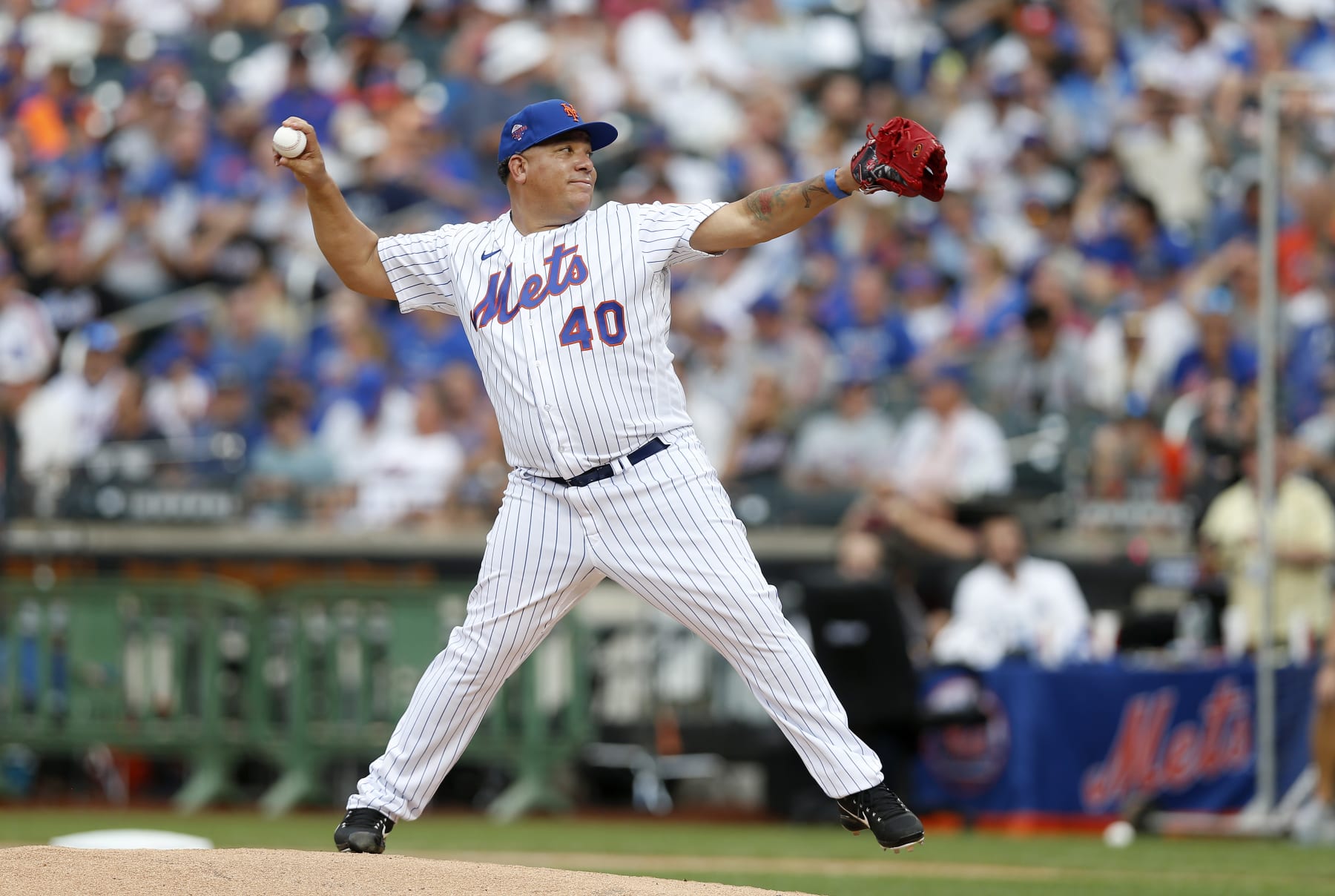 NEW YORK, NEW YORK - AUGUST 27:  Former New York Met Bartolo Colon participates during the teams Old Timers' Day prior to the Mets playing the Colorado Rockies at Citi Field on August 27, 2022 in New York City. (Photo by Jim McIsaac/Getty Images)