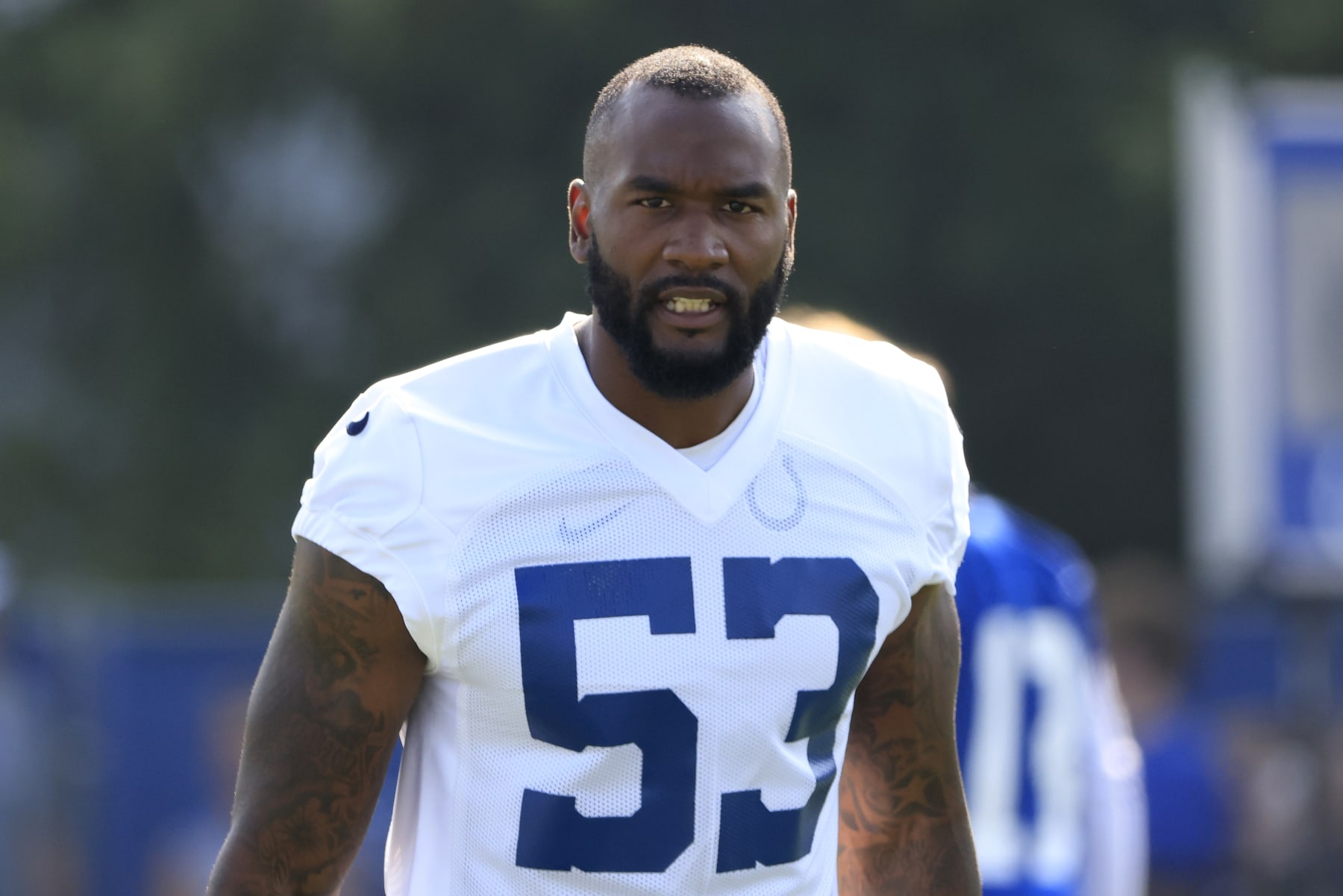 WESTFIELD, INDIANA - JULY 26: Shaquille Leonard #53 of the Indianapolis Colts looks on during the first day of the Indianapolis Colts Training Camp at Grand Park Sports Campus on July 26, 2023 in Westfield, Indiana. (Photo by Justin Casterline/Getty Images) WESTFIELD, INDIANA - JULY 26: Shaquille Leonard #53 of the Indianapolis Colts looks on during the first day of the Indianapolis Colts Training Camp at Grand Park Sports Campus on July 26, 2023 in Westfield, Indiana. (Photo by Justin Casterline/Getty Images)