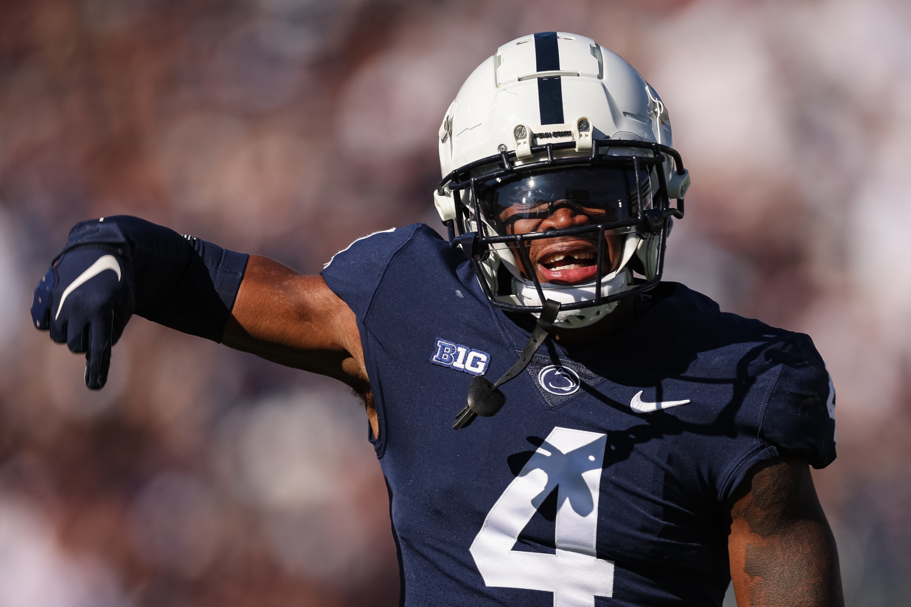 STATE COLLEGE, PA - OCTOBER 29: Kalen King #4 of the Penn State Nittany Lions celebrates after a play against the Ohio State Buckeyes during the first half at Beaver Stadium on October 29, 2022 in State College, Pennsylvania. (Photo by Scott Taetsch/Getty Images)