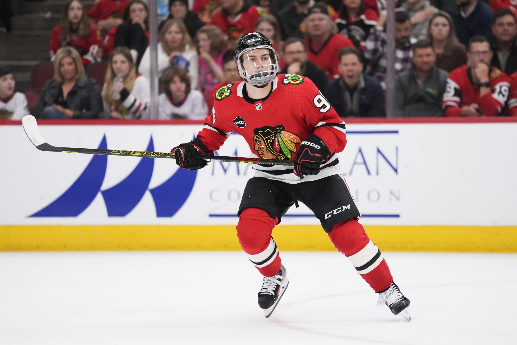 CHICAGO, ILLINOIS - MARCH 12: Connor Bedard #98 of the Chicago Blackhawks skates during the second period against the Anaheim Ducks at the United Center on March 12, 2024 in Chicago, Illinois. (Photo by Patrick McDermott/Getty Images)