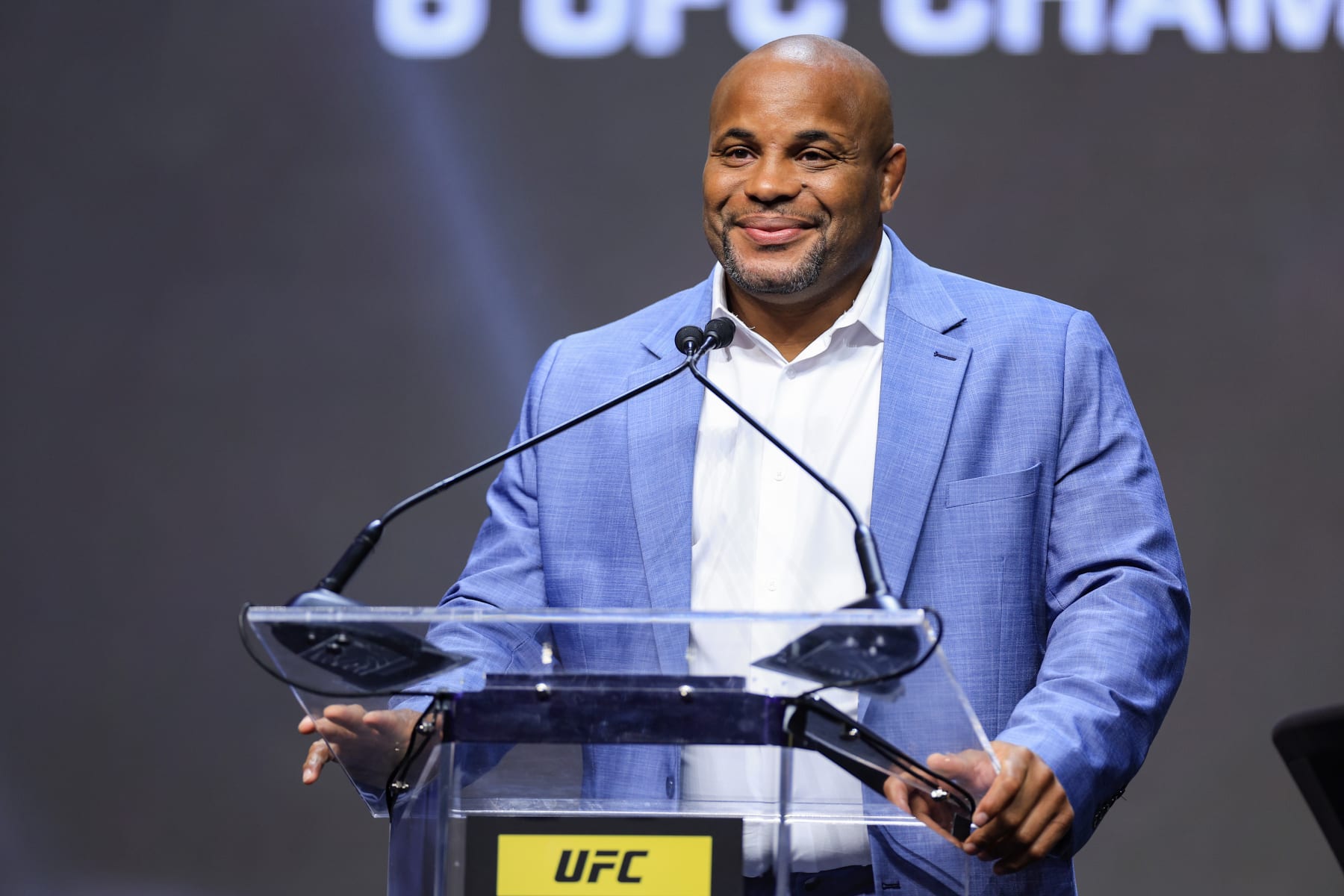 LAS VEGAS, NEVADA - JUNE 30: Daniel Cormier speaks during the UFC Hall of Fame induction ceremony at T-Mobile Arena on June 30, 2022 in Las Vegas, Nevada. (Photo by Carmen Mandato/Getty Images)