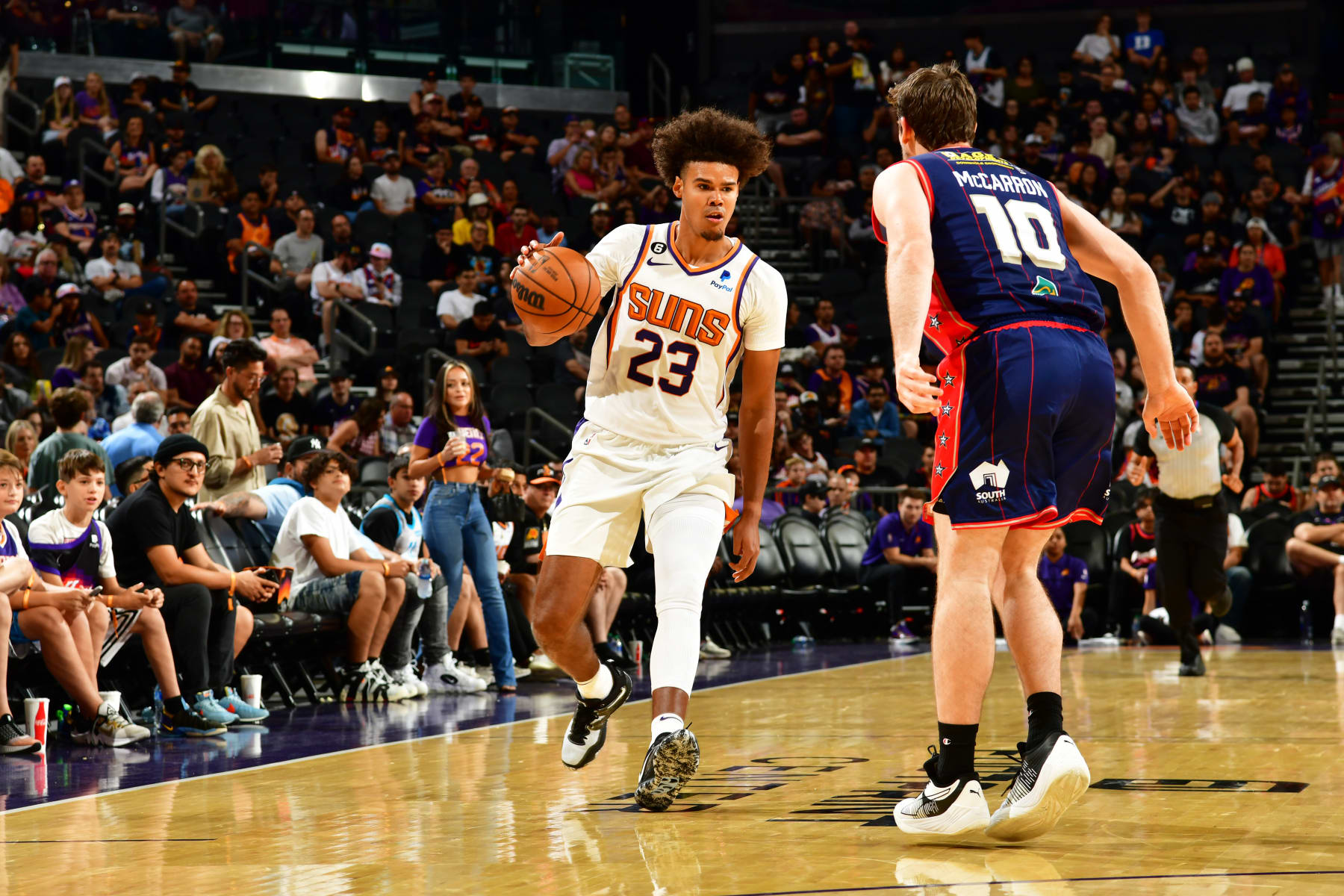 PHOENIX, AZ - OCTOBER 2: Cameron Johnson #23 of the Phoenix Suns handles the ball during the game against the Adelaide 36ers on October 8, 2022 at Footprint Center in Phoenix, Arizona. NOTE TO USER: User expressly acknowledges and agrees that, by downloading and or using this photograph, user is consenting to the terms and conditions of the Getty Images License Agreement. Mandatory Copyright Notice: Copyright 2022 NBAE (Photo by Kate Frese/NBAE via Getty Images)