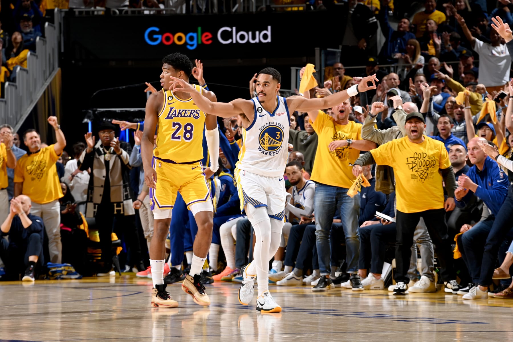 SAN FRANCISCO, CA - MAY 10:  Jordan Poole #3 of the Golden State Warriors reacts during Game 5 of the Western Conference Semi-Finals of the 2023 NBA Playoffs against the Los Angeles Lakers on May 10, 2023 at Chase Center in San Francisco, California. NOTE TO USER: User expressly acknowledges and agrees that, by downloading and or using this photograph, user is consenting to the terms and conditions of Getty Images License Agreement. Mandatory Copyright Notice: Copyright 2023 NBAE (Photo by Andrew D. Bernstein/NBAE via Getty Images)