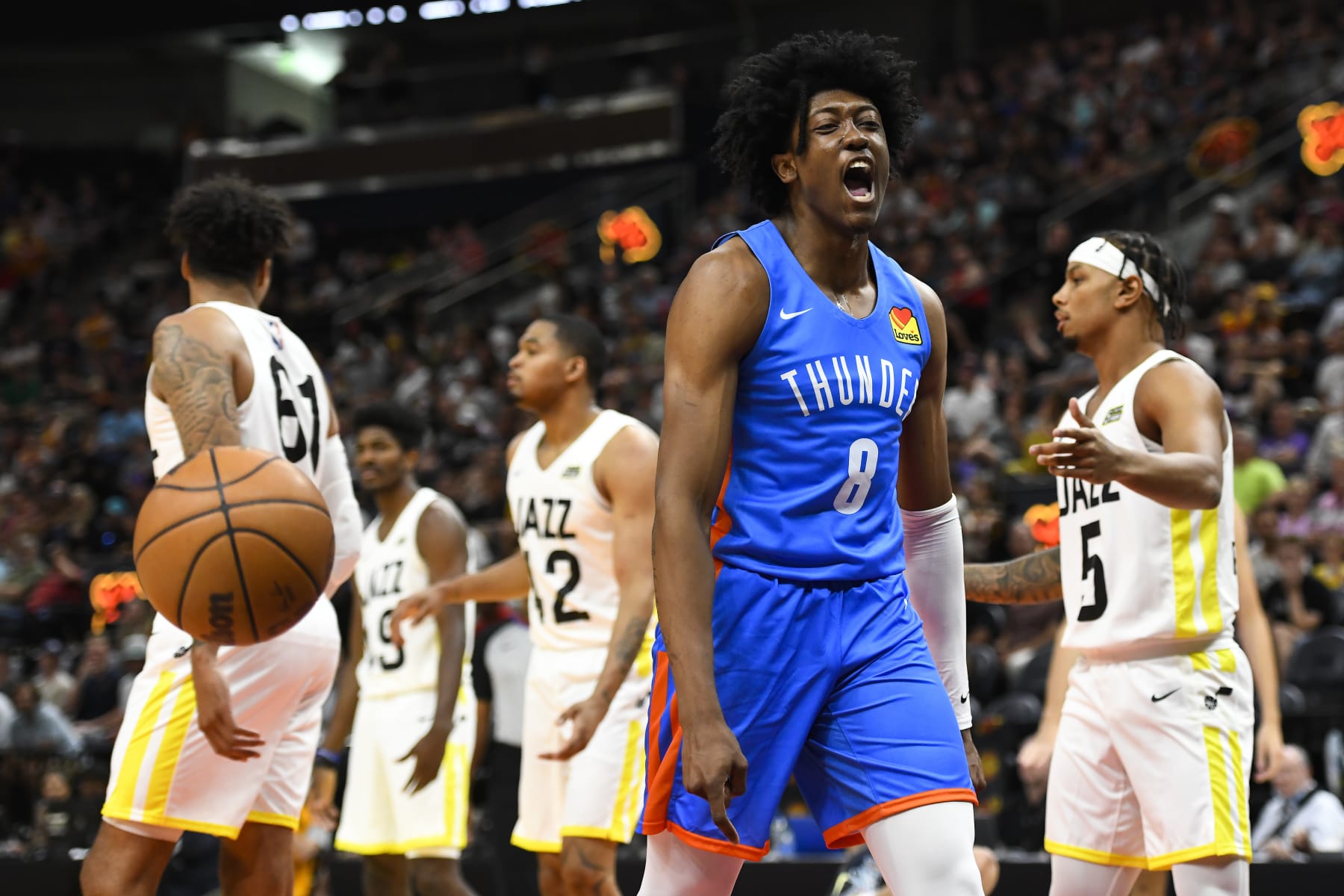SALT LAKE CITY, UTAH - JULY 05: Jalen Williams #8 of the Oklahoma City Thunder celebrates a basket during a NBA Summer League game against the Utah Jazz at Vivint Arena on July 05, 2022 in Salt Lake City, Utah. NOTE TO USER: User expressly acknowledges and agrees that, by downloading and/or using this Photograph, user is consenting to the terms and conditions of the Getty Images License Agreement. (Photo by Alex Goodlett/Getty Images)